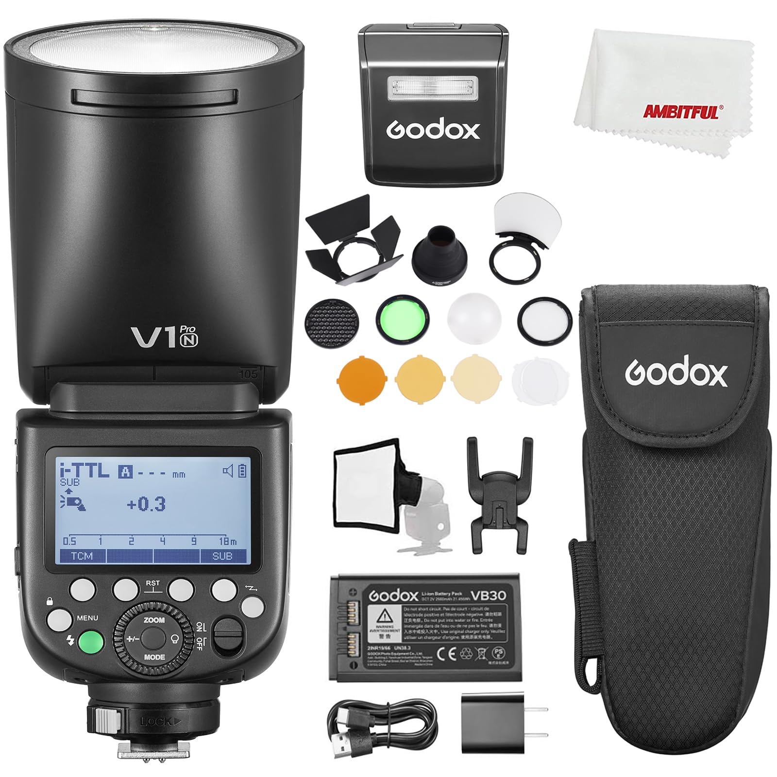 Godox V1 Pro V1 Pro N TTL - Flash Compatible con cámara Nikon 76Ws HSS 1/8000, con Kit de Accesorios Godox AK-R1