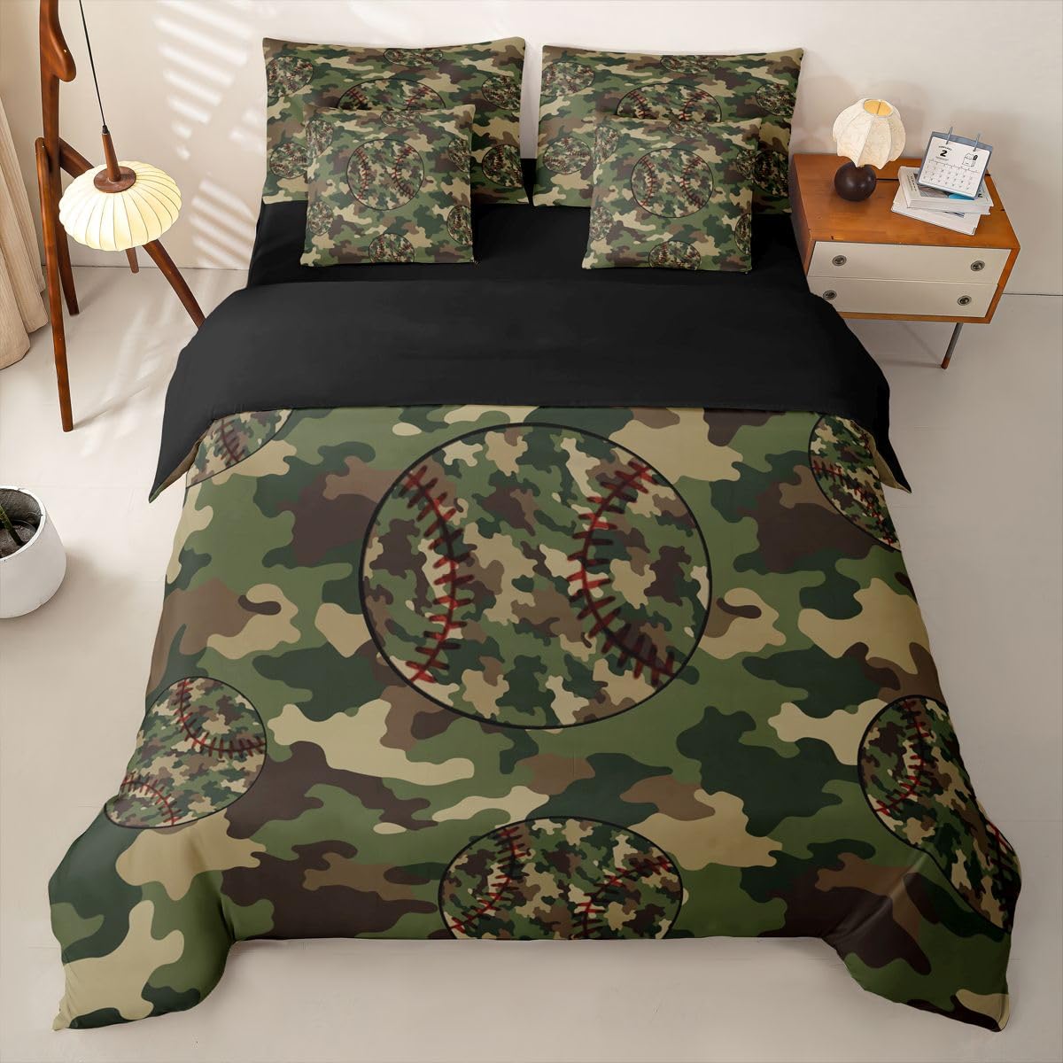 Loussiesd Juego de funda de edredón verde y marrón, tamaño King, 7 piezas, ropa de cama de béisbol para niños y niñas, con funda de edredón, sábanas, fundas de almohada, fundas de cojín