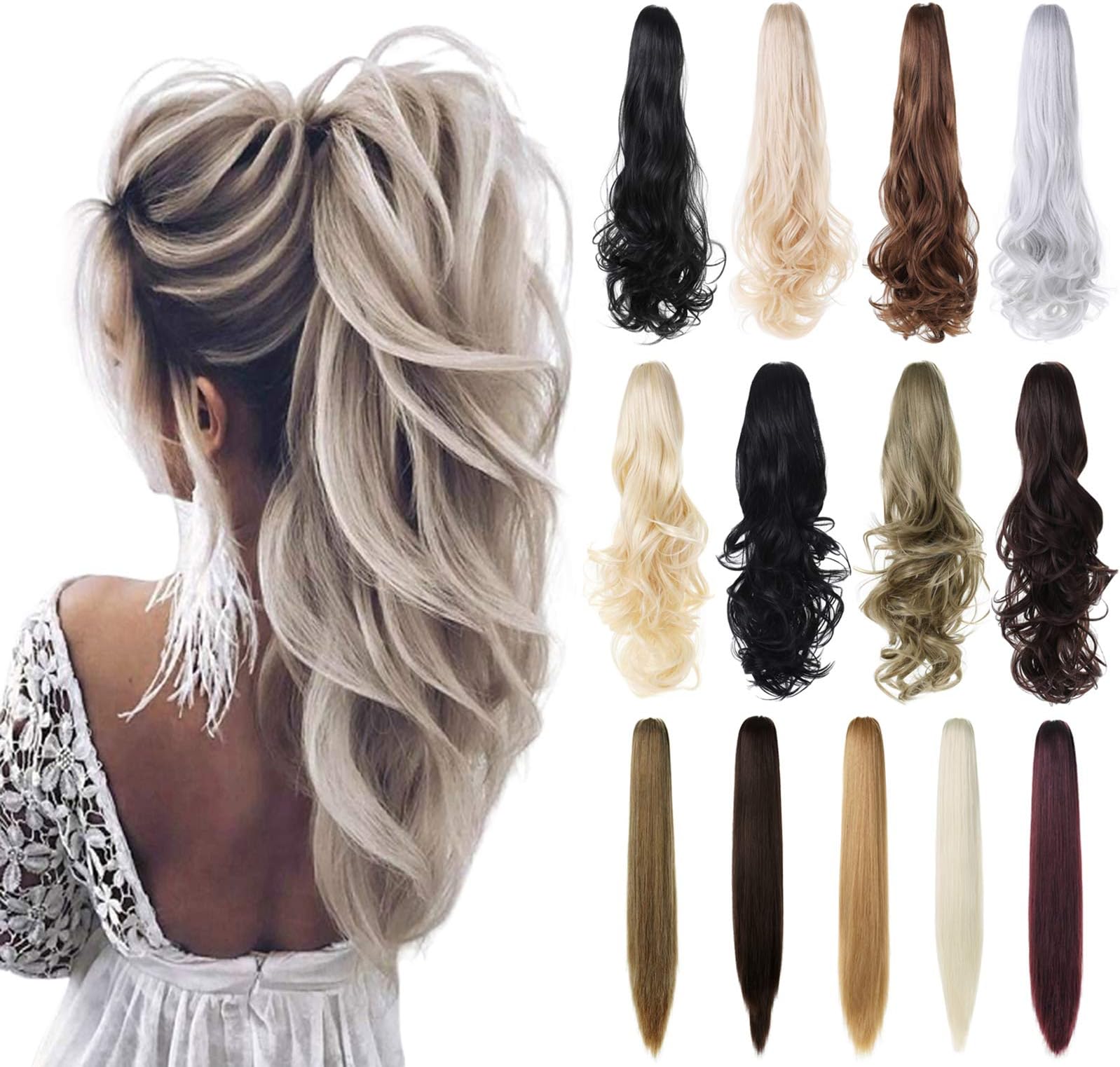 XBwig Claw Clip in Ponytail Hair Extension 18" 21" 24"Curly Wavy Straight Hairpiece One Piece A Jaw Long Pony Tails for Women(Black Brown 21"-Wavy)