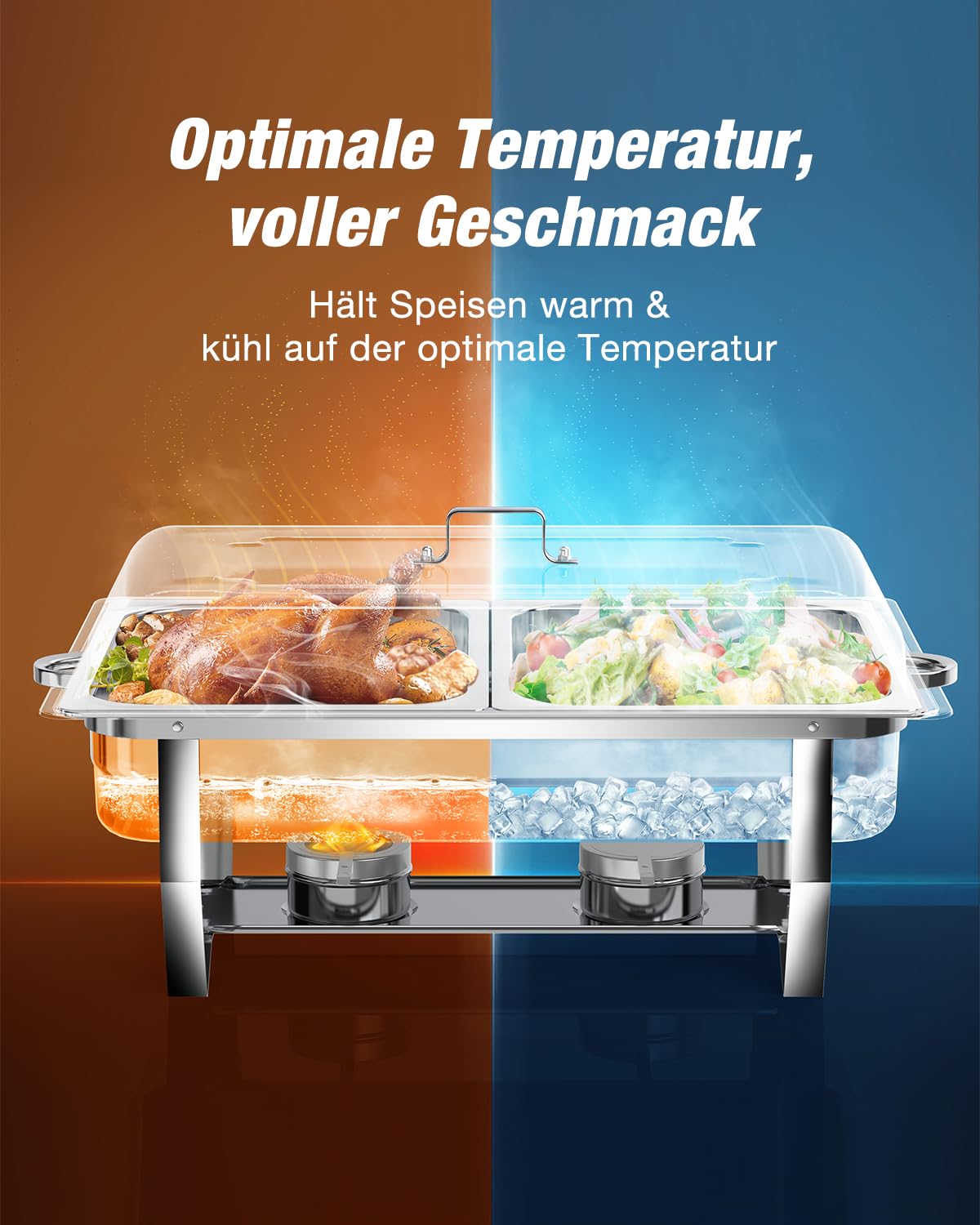 WARMOUNTS Chafing Dish Buffet Set 9L, Edelstahl Speisenwärmer für Catering, Hochglanzpoliert, Klappbarer Rahmen, Halterung, Großes Warmhaltebehälter für Party (4er Set 2x1+2x1/2+3x1/3 Einsätze)