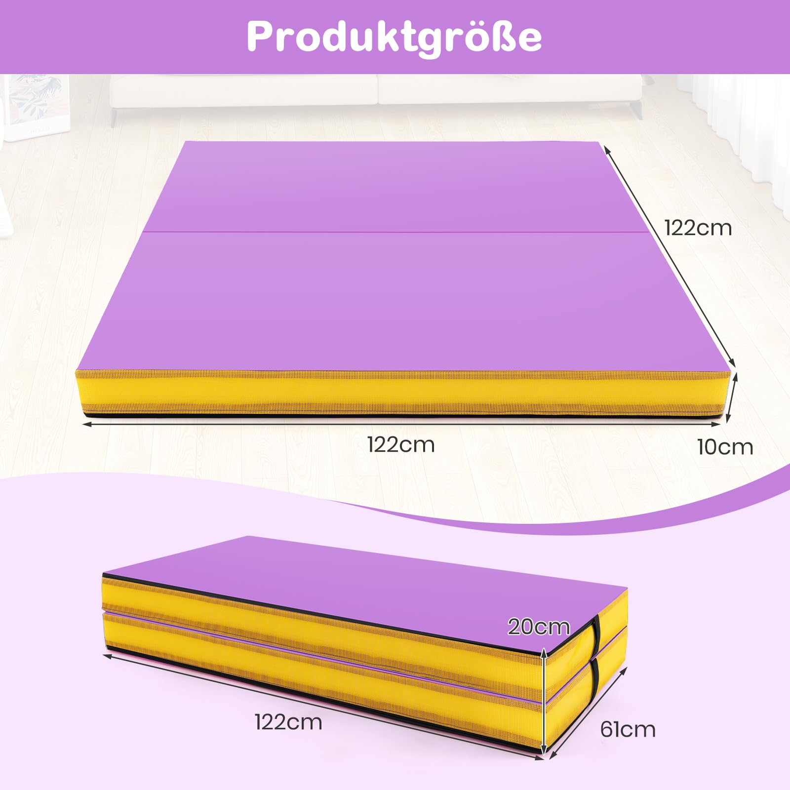 COSTWAY Turnmatte klappbar, 122 x 122 x 10 cm Weichbodenmatte, Gymnastikmatte faltbar & tragbar, quadratische Sportmatte aus PU-Bezug mit Tragegriffe, Yogamatte indoor für Kinder, Erwachsene