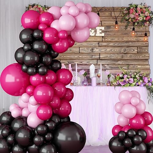 Miniatura 4 de Kit de arco de guirnalda de globos rosa intenso negro, globos de látex de color rosa rojo, negro y rosa para baby shower, boda, cumpleaños,