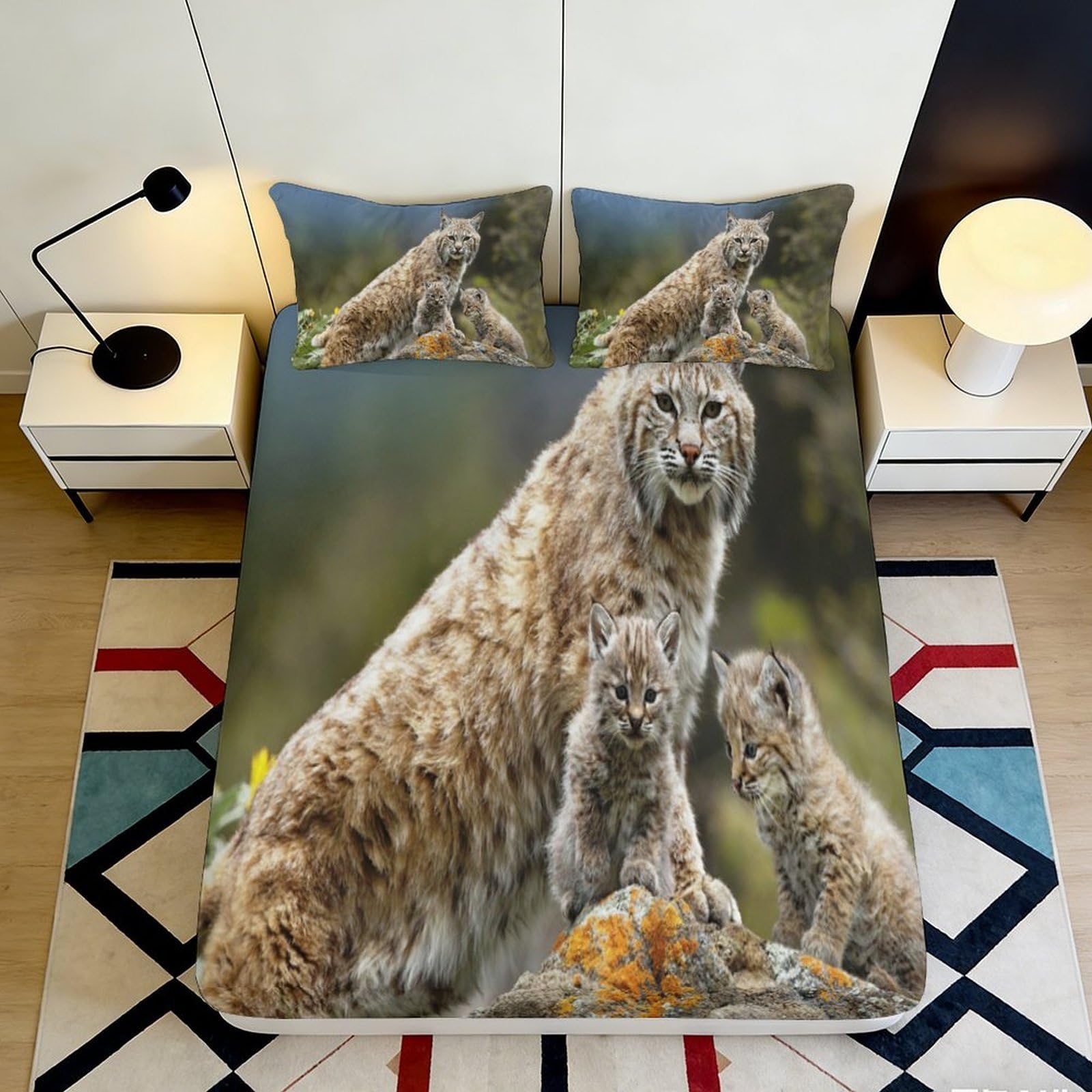 Uxinyoume Style-4 3D Printed Lynx Family Fitted Sheet Microfiber Soft Washable Forest Wildlife Mattress Cover Bedroom Decor 90X200x25cm
