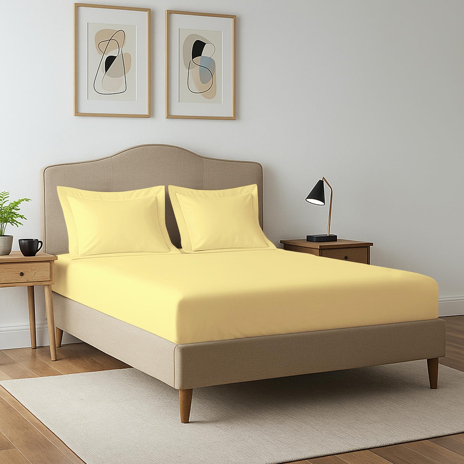 Pizuna Mellow Yellow 400 Thread Count Double Fitted Sheet 140X200 Cm With 2 Pillowcases, 100% Long Staple Cotton, Soft Sateen Weave, 40 Cm Deep Fitted Sheets Double Bed