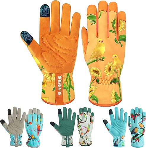 SLARMOR Guantes de cuero para jardinería para mujer, guantes de trabajo a prueba de espinas para deshierbe, excavación, plantación, poda, guantes de