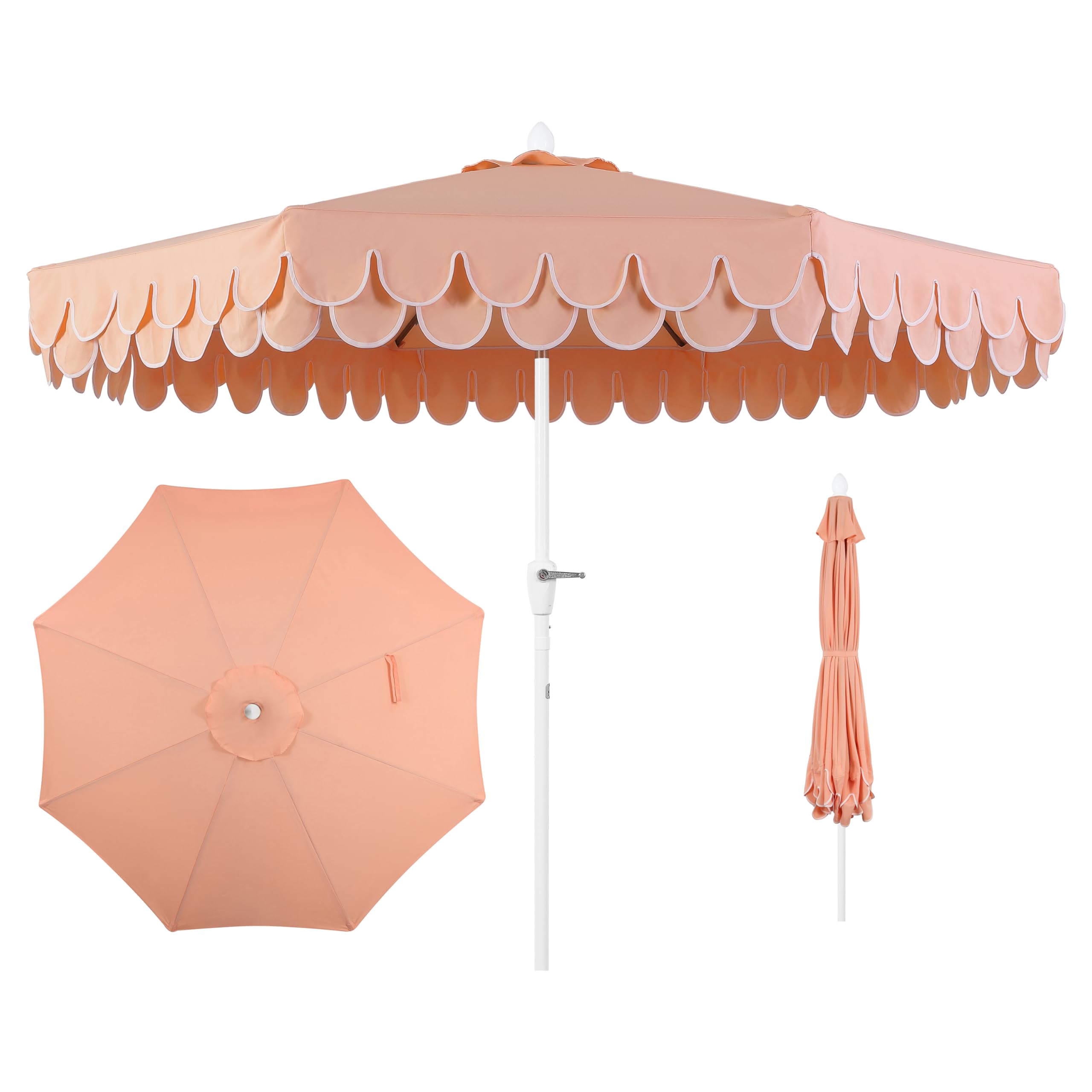 jonathan y umb1002h tracy 9 ft. classic midcentury scalloped fringe market patio umbrella with auto-tilt crank, wind vent and uv protection in coral pink/white, white pole