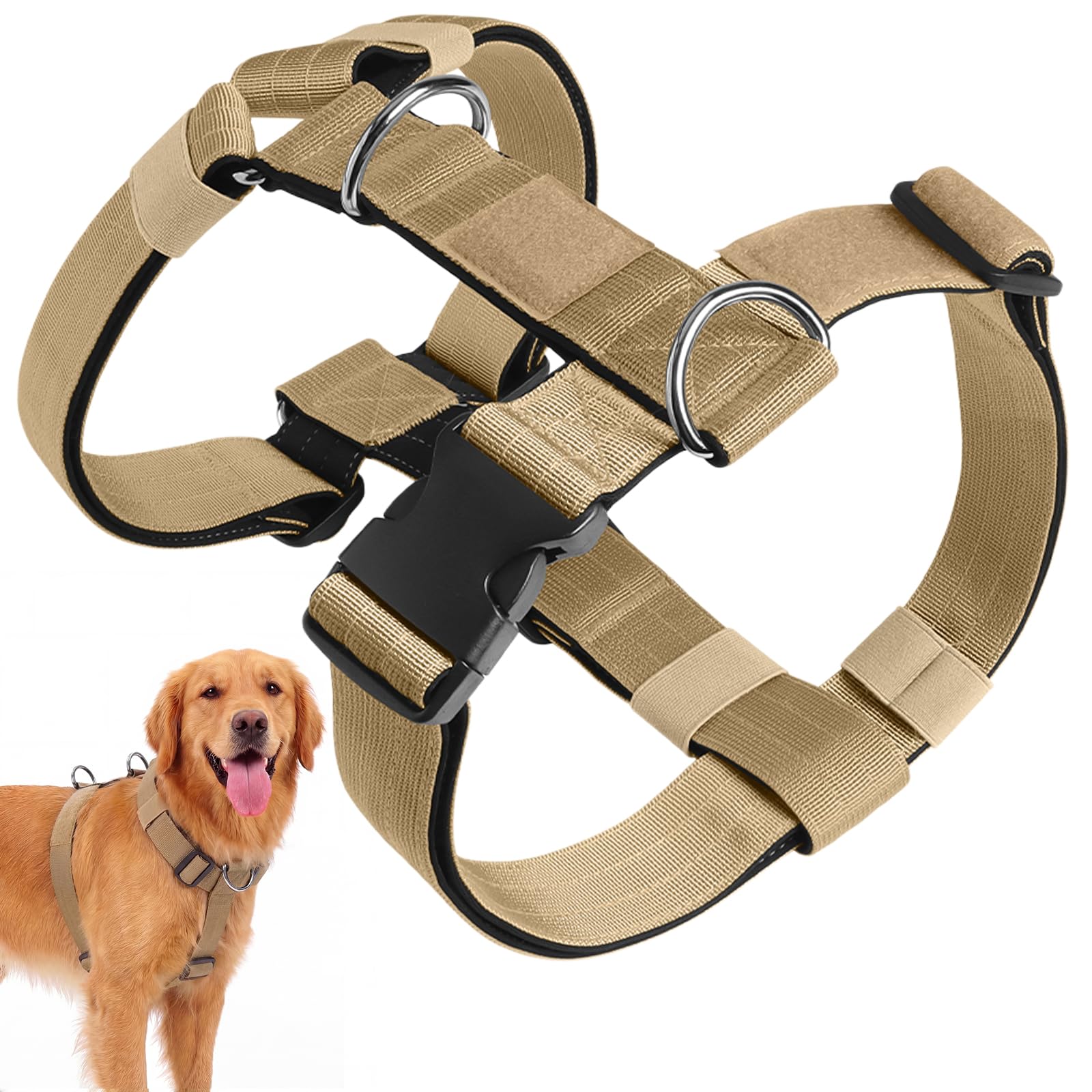Arnes Perro Grande Mediano, Arnés Pecho Antitirones Perros, Arnes Táctico Resistente Perro, Chaleco Ajustable Acolchado Suave para Mascotas para Adiesreamiento Caminar Correr (Caqui, L)