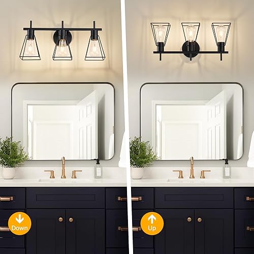 Miniatura 4 de Lámpara de tocador de baño de granja sobre el espejo, aplique de pared de 3 luces negro mate con jaula de metal, enchufe E26 (bombillas no incluidas)