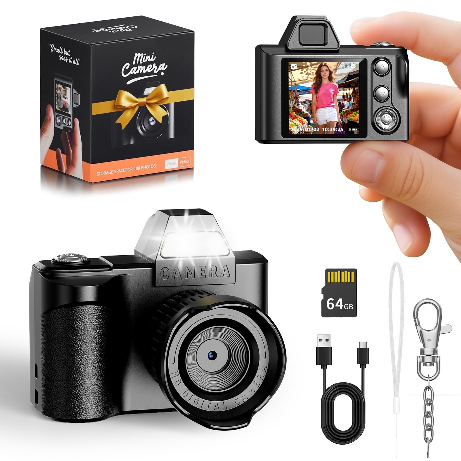 Mini Schlüsselanhänger Digitalkamera – Maxmango 1,3-Zoll 1080P Fotokamera Retro Kamera mit 64 GB Speicher, Ultraportable Kamera, Taschenformat für Reisen, Vlogging und als Ostern Geschenk (Schwarz)