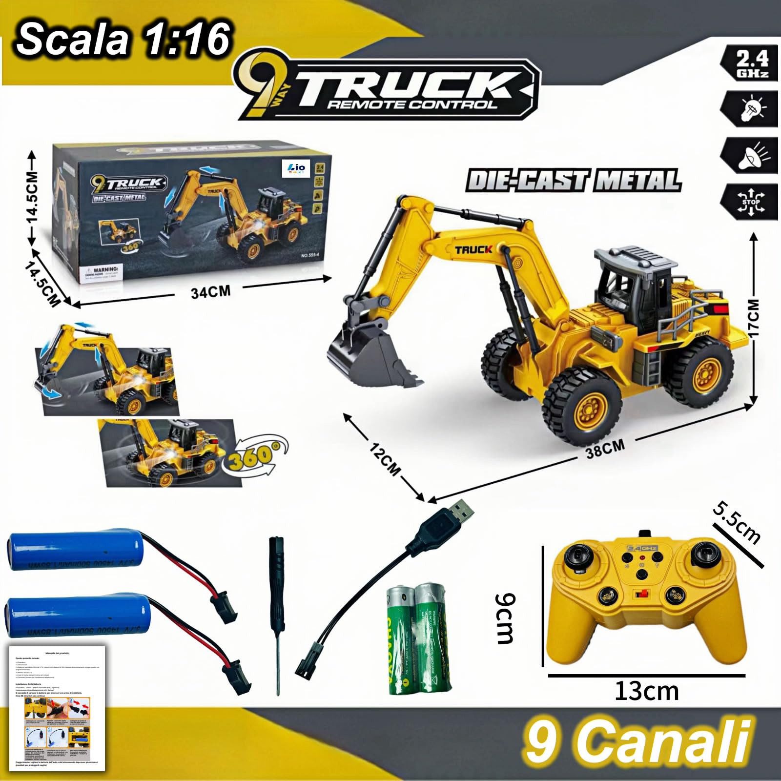 9 Canal 1:16 cuatro ruedas excavadora teledirigida juguete,con luces y sonido, pala de metal, 2.4G mando a distancia inalámbrico,Tractor Digger Juguetes para niños,para regalos para niños