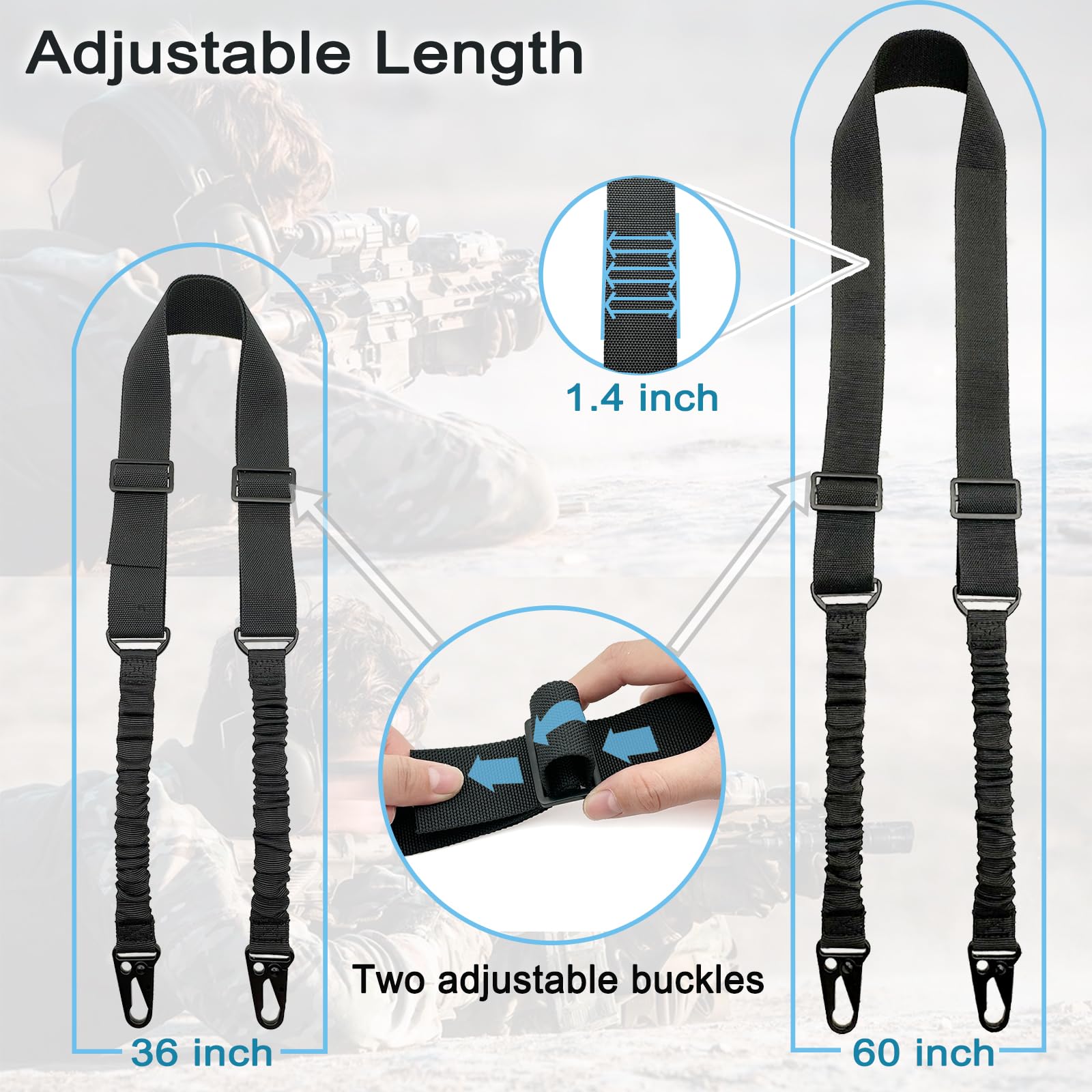 GGYOU Two Point Sling Strap with Hooks, 1.5 inch Webbing Sling with All-Metal Fittings (Black)