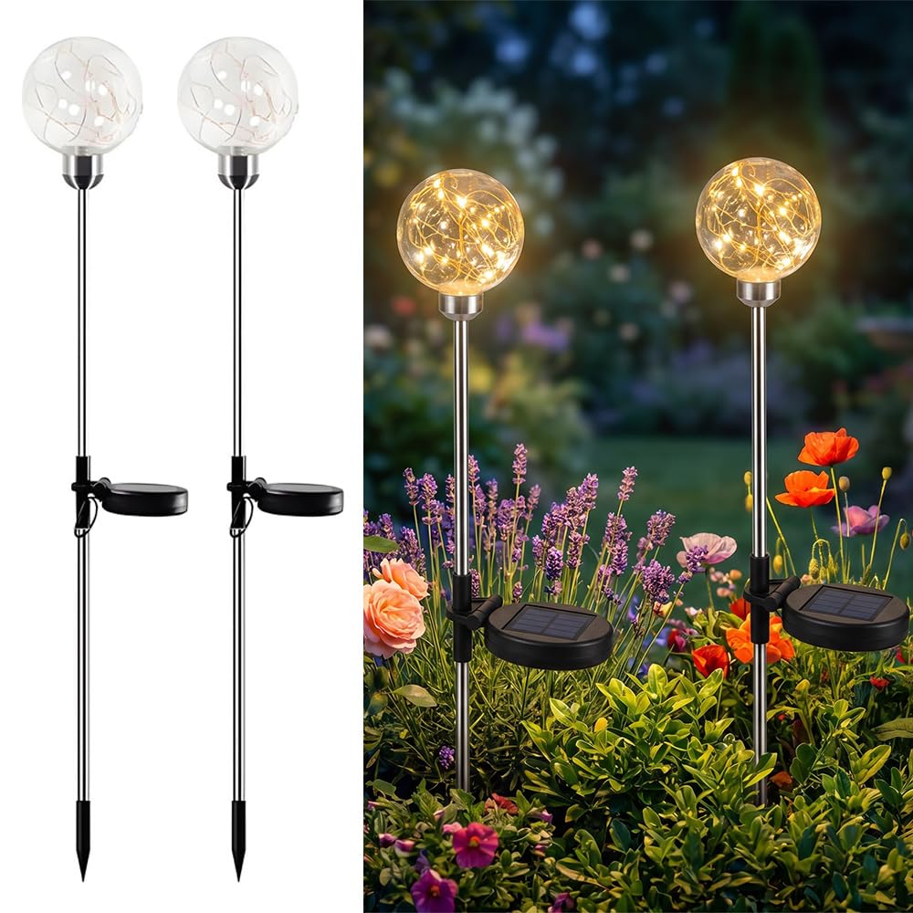 Yofhpt Warm White 2 Pack Solar Fairy Globe Lights Outdoor Garden, 70Cm Solar Ball Lights, 8Cm Sol-Ar Stake Lig-Hts Outdoor Garden, Solar Pathway Lig-Hts For Lawn Yard Terrace Pathway Decoration