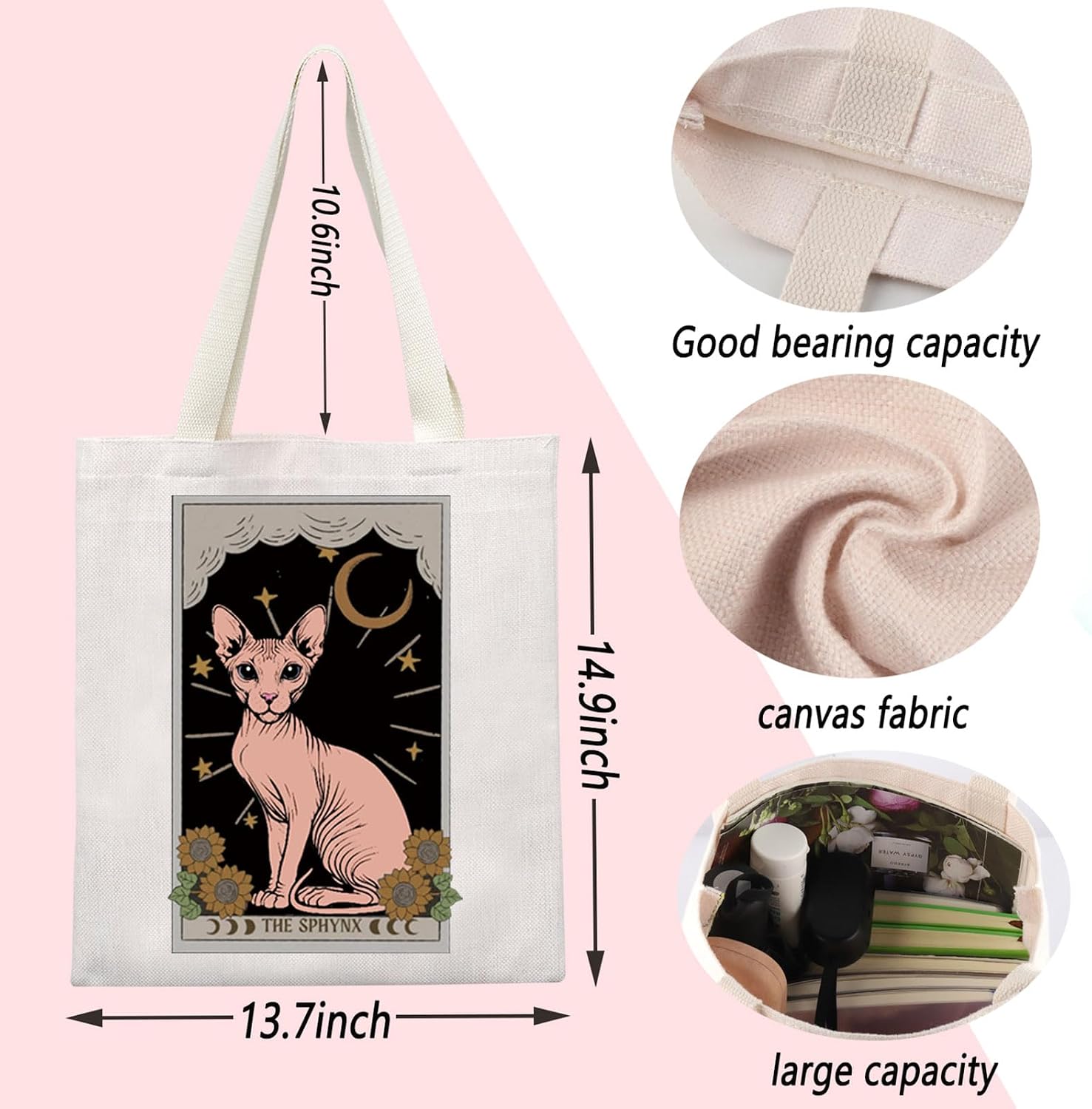 ENSIANTH The Sphynx Inspired Gift Sphynx Cat Tote Bag Cat Lover Gift Sphynx Cat Owner Reusable Grocery Bag Hairless Cat Gift