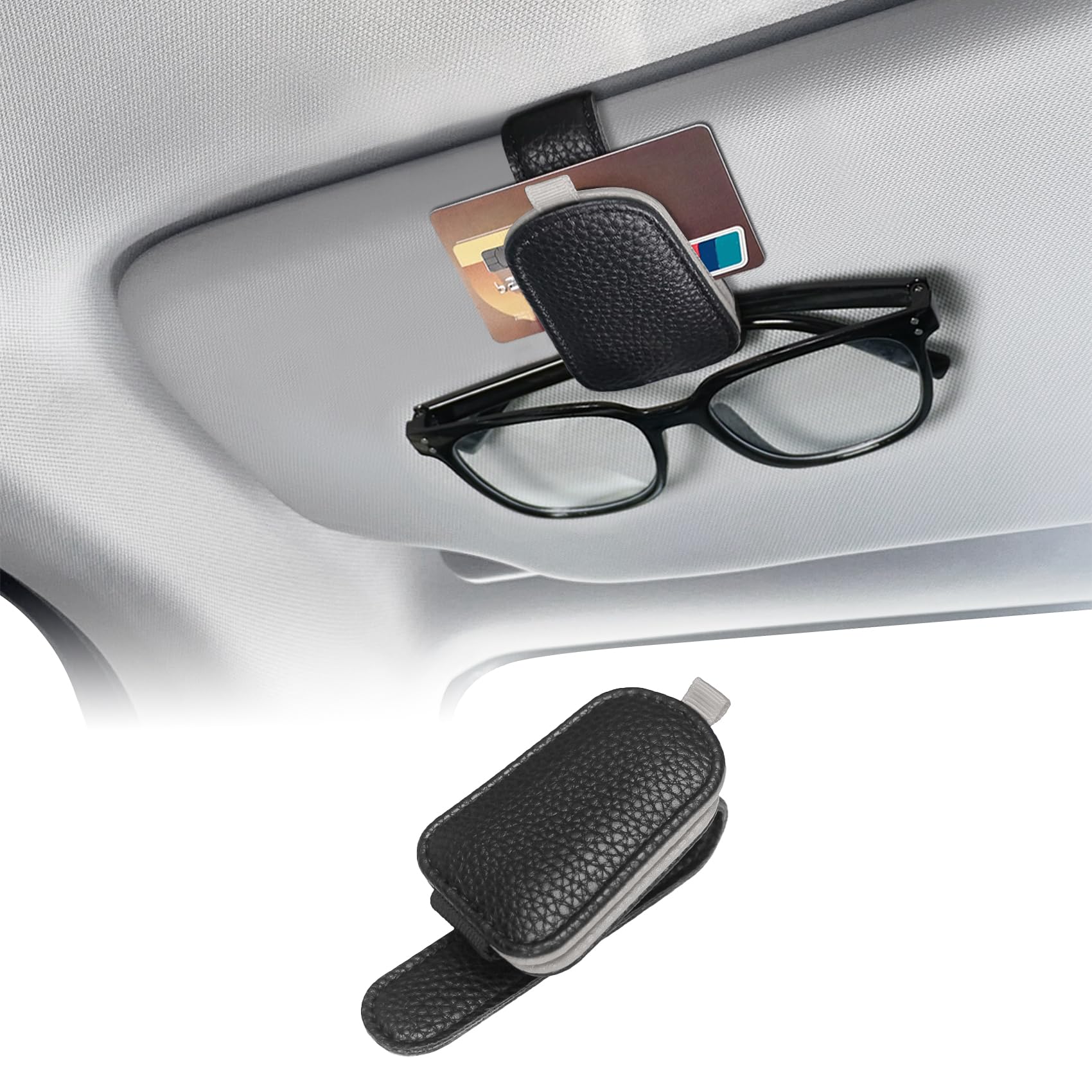 Sunglasses Holders for Car Visor, Sunglass Car Organizer, Leather Magnetic Buckle Sun Visor Sunglass Clip, Car Accessories Ticket Card Clip Sunglasses Mount Fit Truck (Black/Gray, 1PCS)