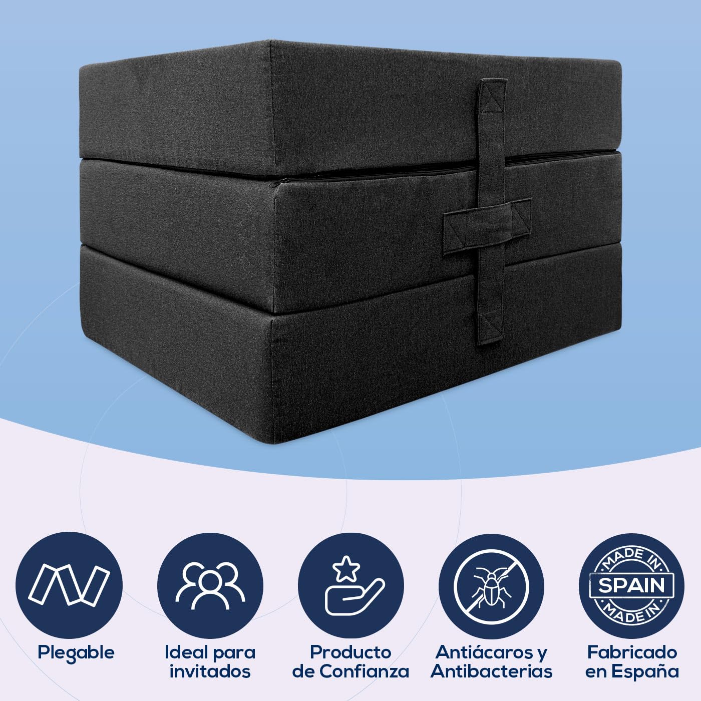 Duérmete Online - Colchón Plegable Eureka para Invitados con Cierre y Asa, Espuma de Gran Densidad y Funda en Tejido Transpirable Gris Oscuro, Desenfundable