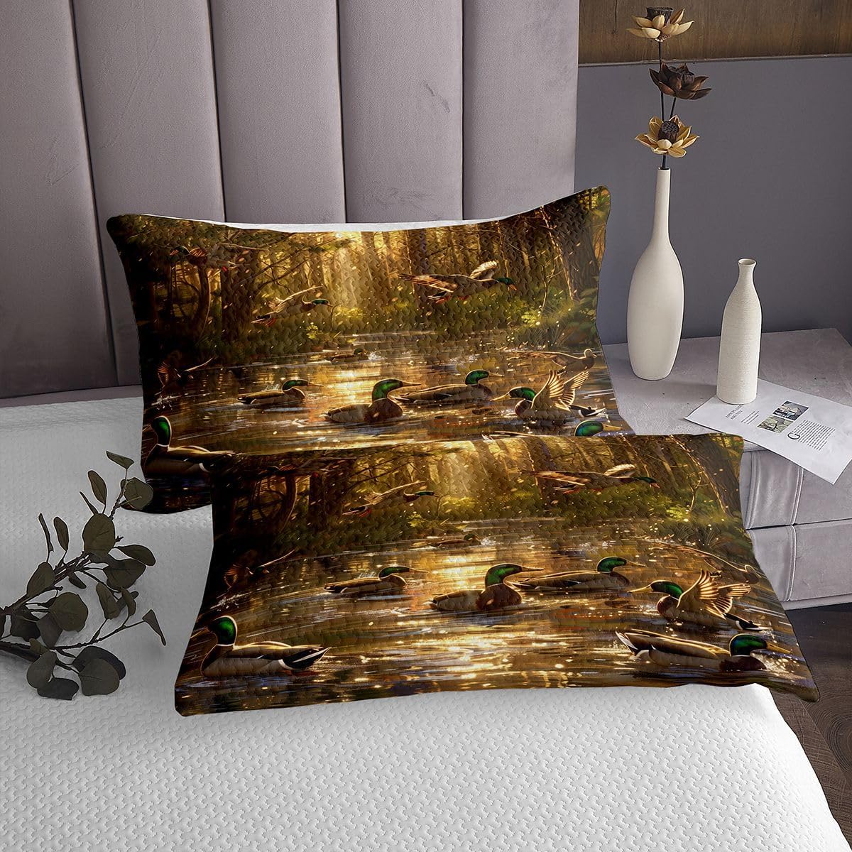 jejeloiu Country Cabin Woodland Duck Bedspread King Size Mallard Duck Coverlet Set Cabin Farmhouse Quilted Coverlet for All Season with 2 Pillowcases Lightweight