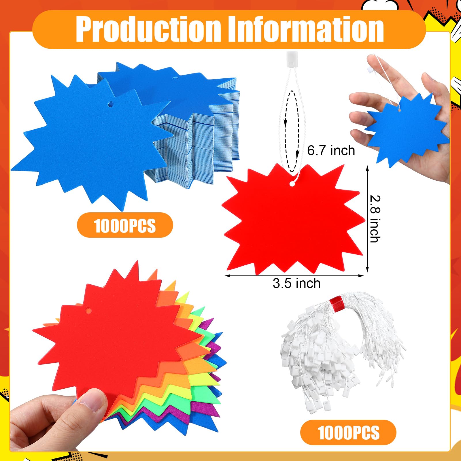 Harloon 1000 Sets Preisschilder mit Schnur 7,1 x 8,9 cm Starburst Preisschilder Papier beschreibbar blanko fluoreszierendes Hänge-Etikett mit Schnappnadel Schlaufenverschluss Nylonsaiten für