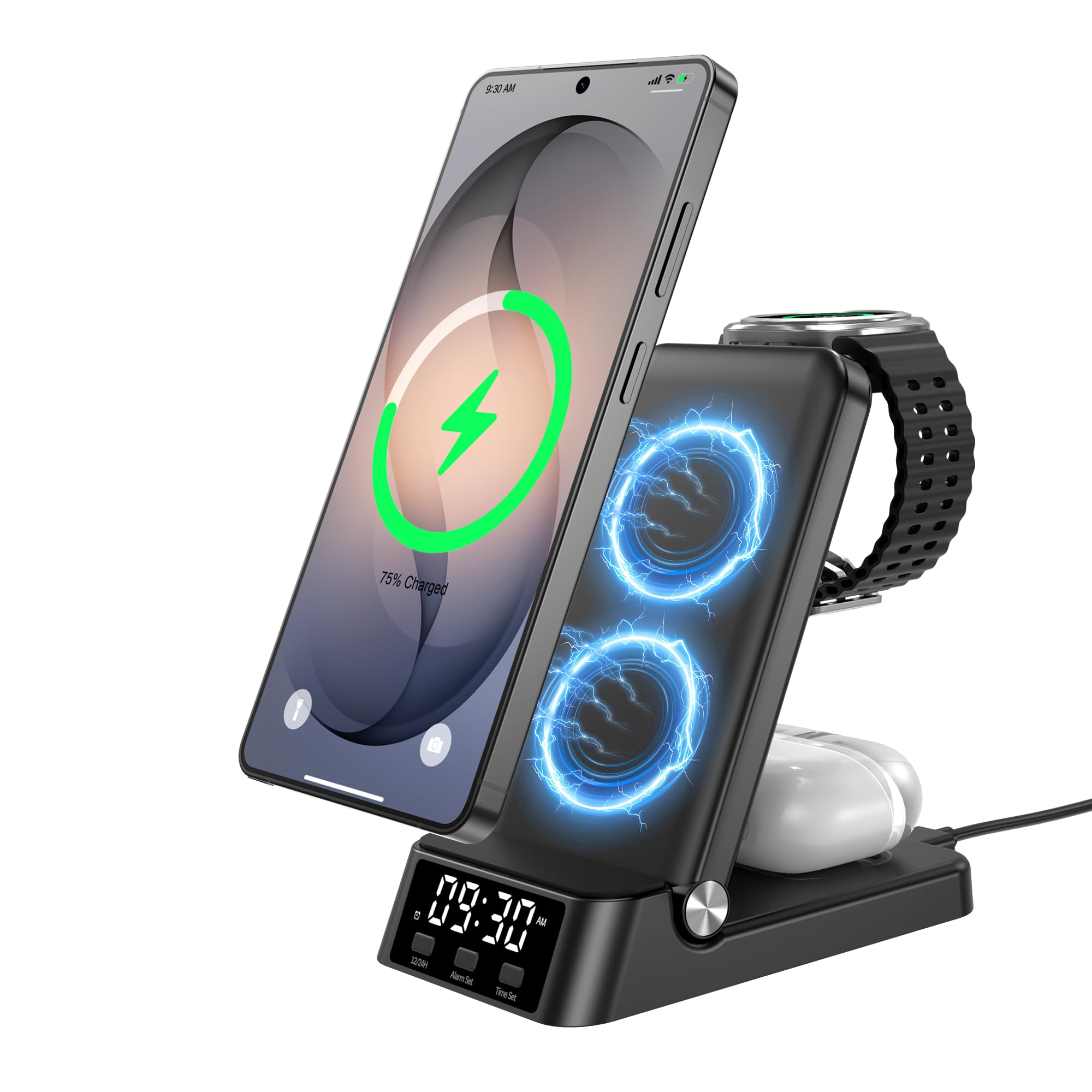 Chargeur sans Fil pour Samsung, Station de Charge 4 en 1 pour Samsung Galaxy S26 Ultra/S24 Ultra/S23/S22/Note 20/Z Flip 7/Fold 6, Chargeur pour Galaxy Watch Ultra/8/7/6, Galaxy Buds 3/2