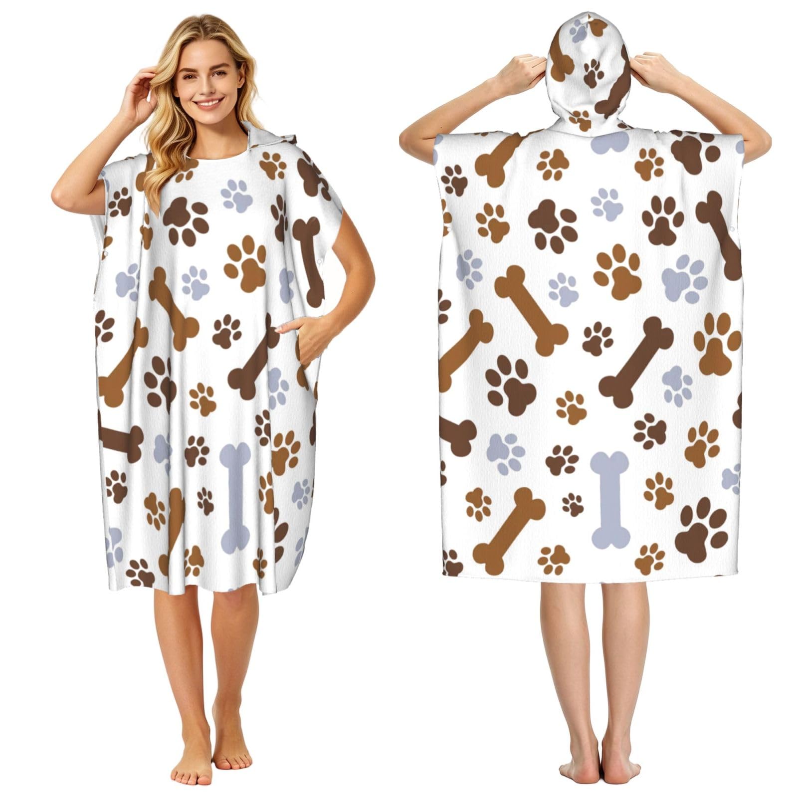 Poadnly Dog Paw Prints, Adult Hooded Beach Towel 90 x 110 cm,Changing Bath Robe, Surf Poncho Towel For Women Men
