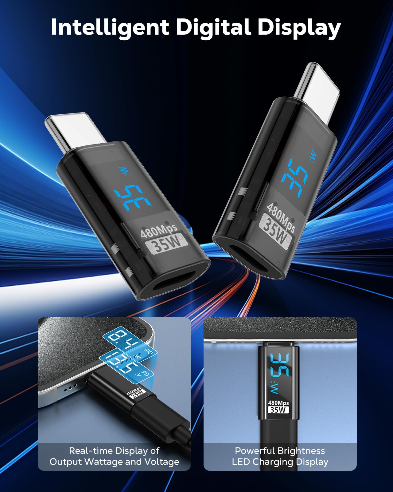 MoKo Lightning Female to USB C Male Adapter with LED Display, iPhone to USB C Adapter for iPhone 15/16 Pro/16 Pro Max/16 Plus, Galaxy S24, iPad Air, 35W Fast Charging/Data Transfer, Not for Audio/OTG