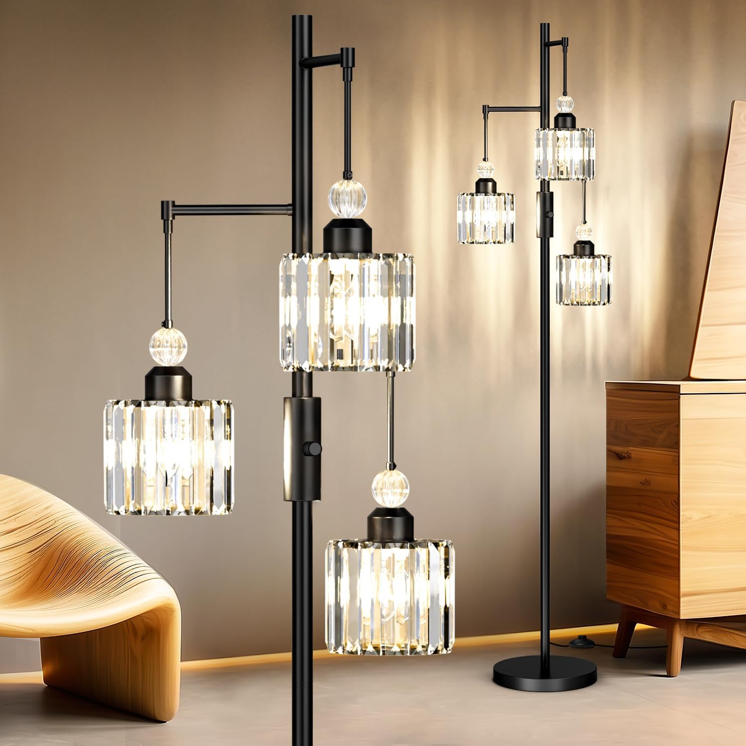 70" Black Tree Floor Lamp with 3 Crystal Cage Lampshades & Dimmable Bulbs - Vintage Glam Standing Lamp for Living Room Bedroom, Industrial Modern Decor with Crystal Ball Accents