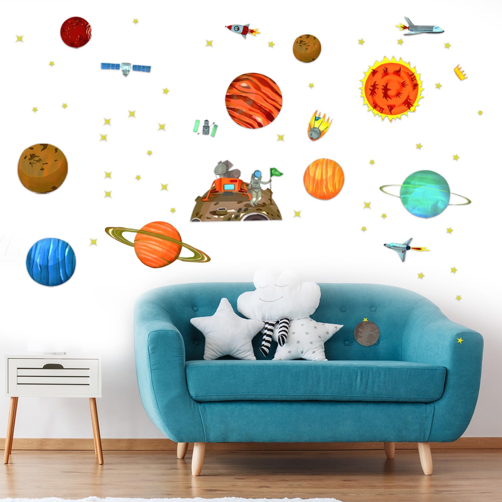 Adesivi Murali Spazio E Pianeti Per Camerette, Set Di 2 Fogli 30x90 Cm, Sistema Solare E Astronauti, Decorazione Fai Da Te