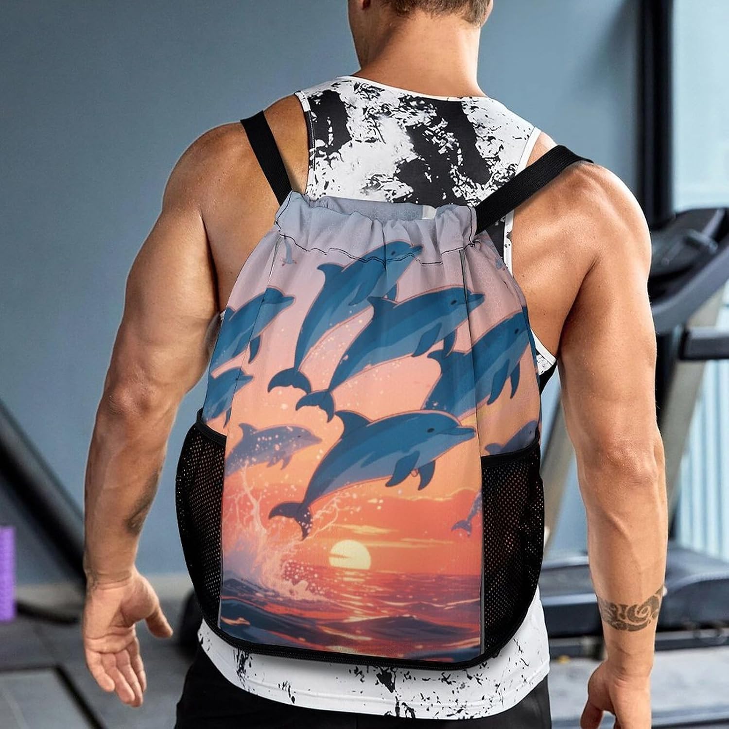 Small Gym Bag Blue Dolphin Printed Drawstring Gym Bag for Men Lightweight Waterproof Drawstring Backpack for Women with Shoe Compartment for Travel Tourism Work And Fitness