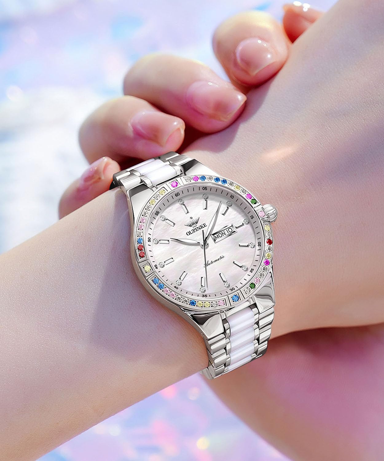 OUPINKE Relojes automáticos para mujer, con diamantes coloridos, elegante, de lujo, oro rosa, mecánico, cristal de zafiro, reloj de pulsera, 3283: blanco