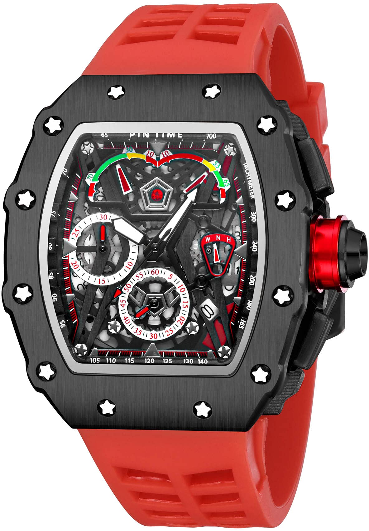 FANMISMen's Luxury Tonneau Square Punk Chronograph Unique Sports Analog Watch Japanese Movement Luminous Design with Rubber Band (Black , Red)
