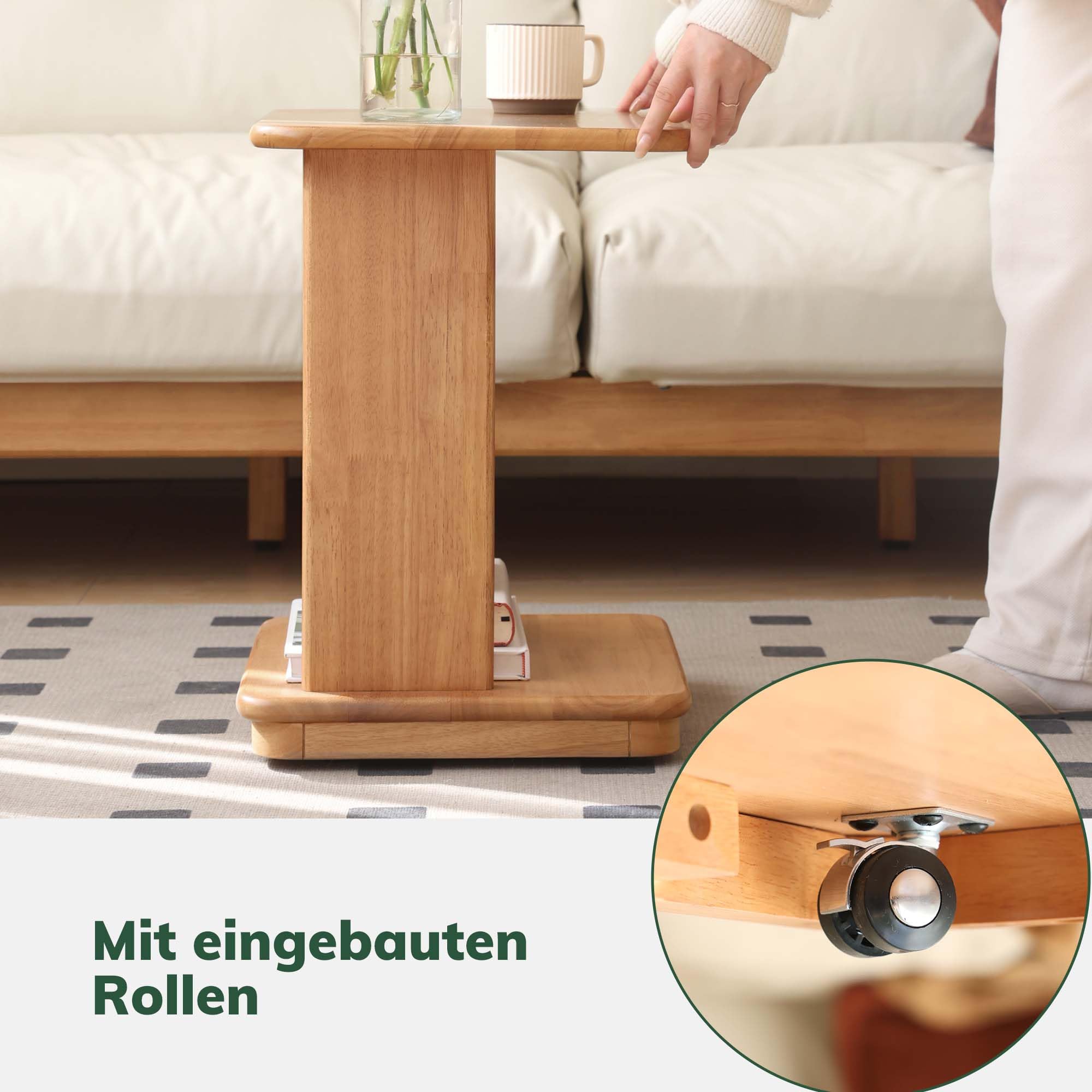 YESWOOD Beistelltisch Gummibaumholz mit Rollen 45x35x50 cm