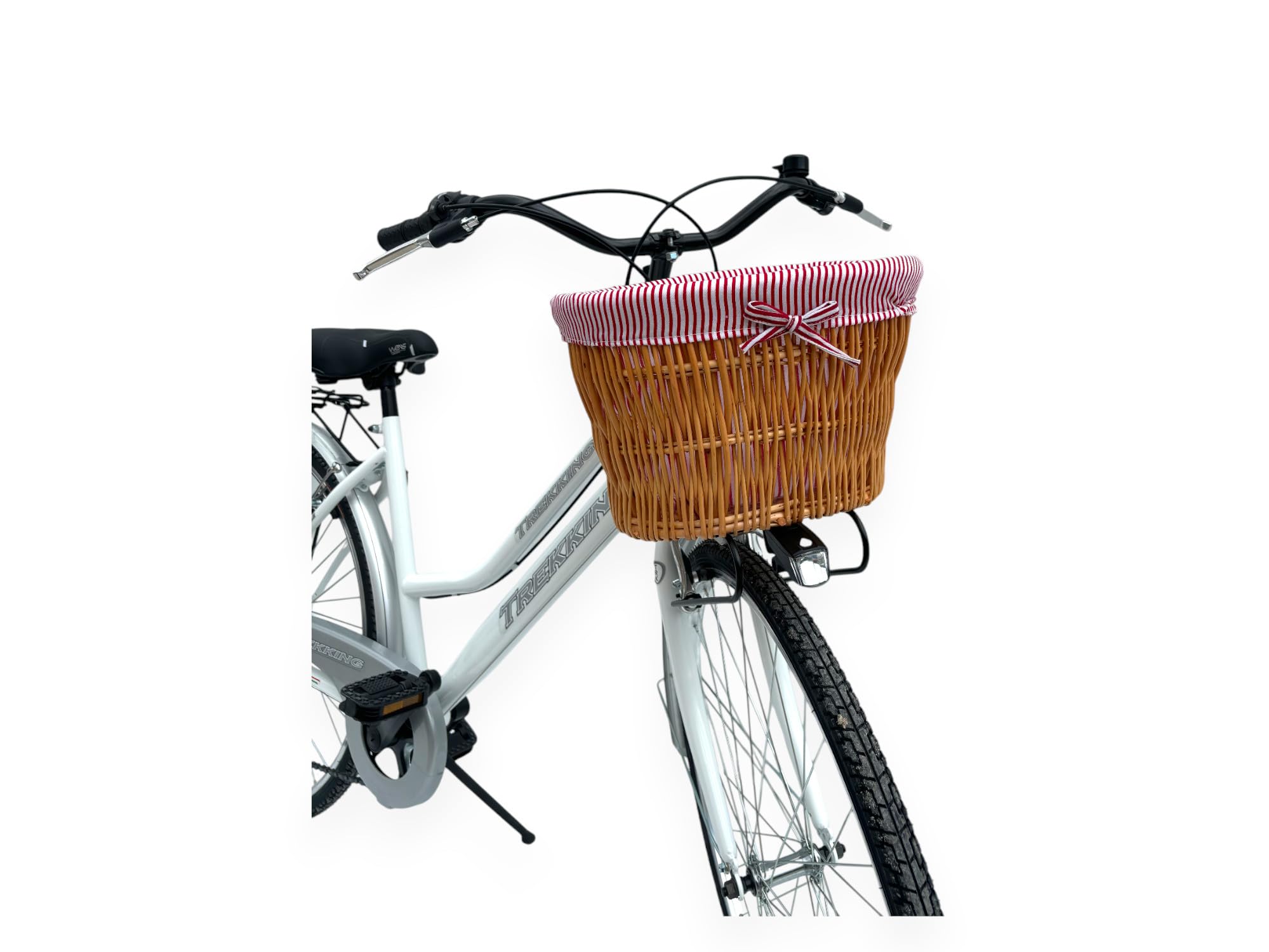 MADICKS Damen-Fahrrad Holland, Größe 28, Vintage-Retro-Stadtrad mit weißem Korb mit Gangschaltung (Korb vorne aus Weide und Taschen) Sport & Freizeit