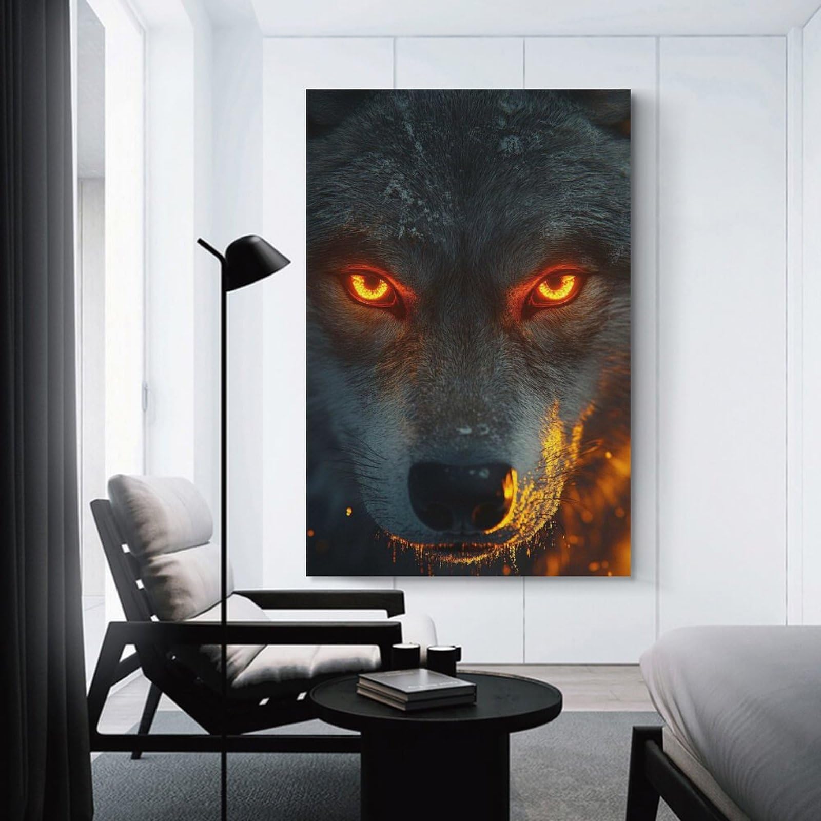 Junmoney Canvas Wall Decor Wolf with Glowing Orange Eyes, 20x30inch(50x75cm), for Living Room, Bedroom, Office Or Hallway, Decorative Artwork with Broad Appeal