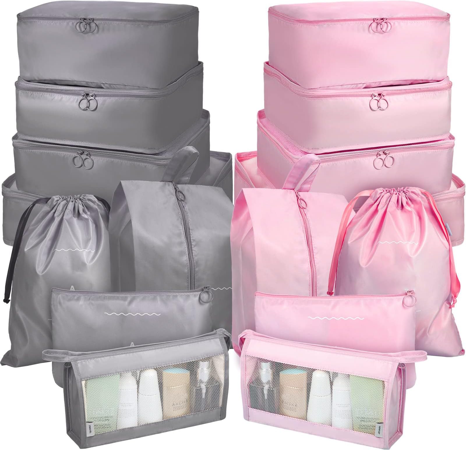 KASTWAVE 16 Set Packing Cubes Luggage Organizer Bags Travel Suitcases Organizers Luggage Cubes with Toiletry Bag and Shoes Bag (Pink, Gray)