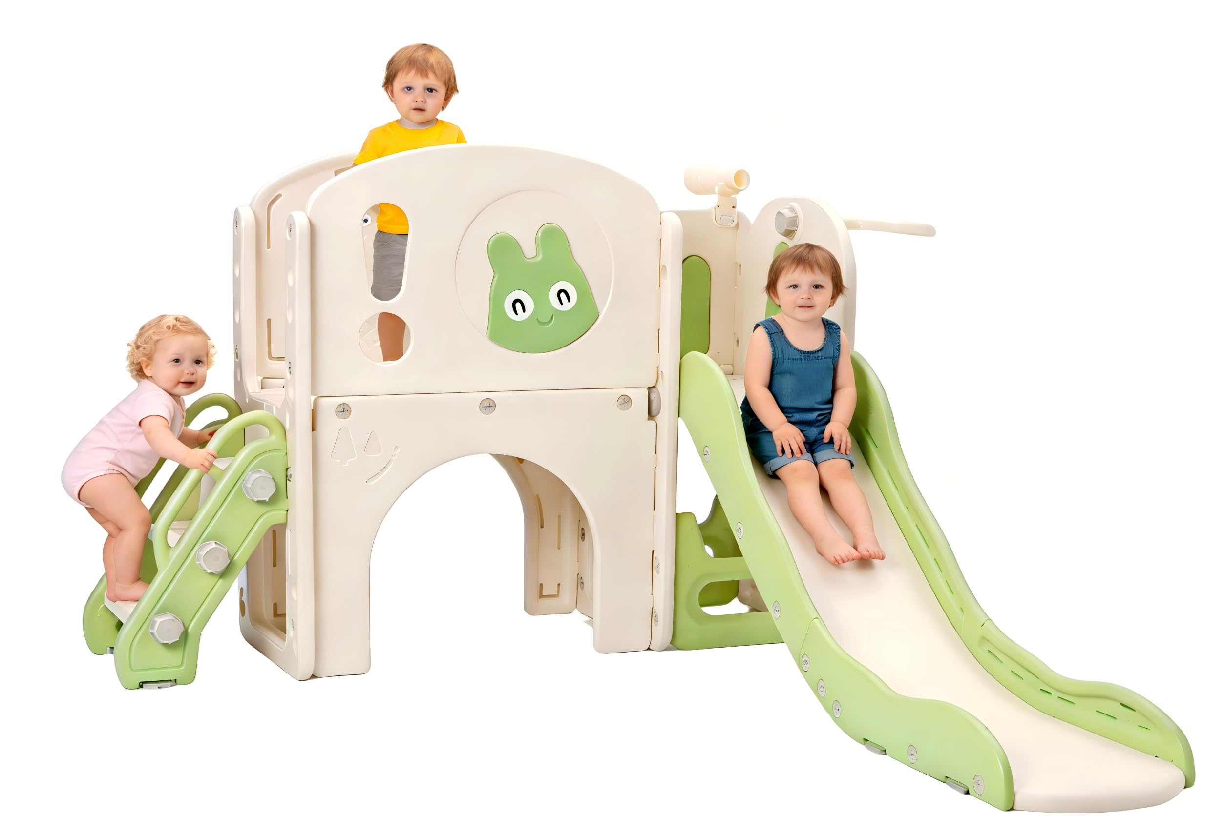 5-in-1 Kids Slide with Basketball Hoop & Storage Basket - Toddler Slide Set for Ages 1-3, Indoor/Outdoor Safe Playset, Non-Slip Climber (Green)