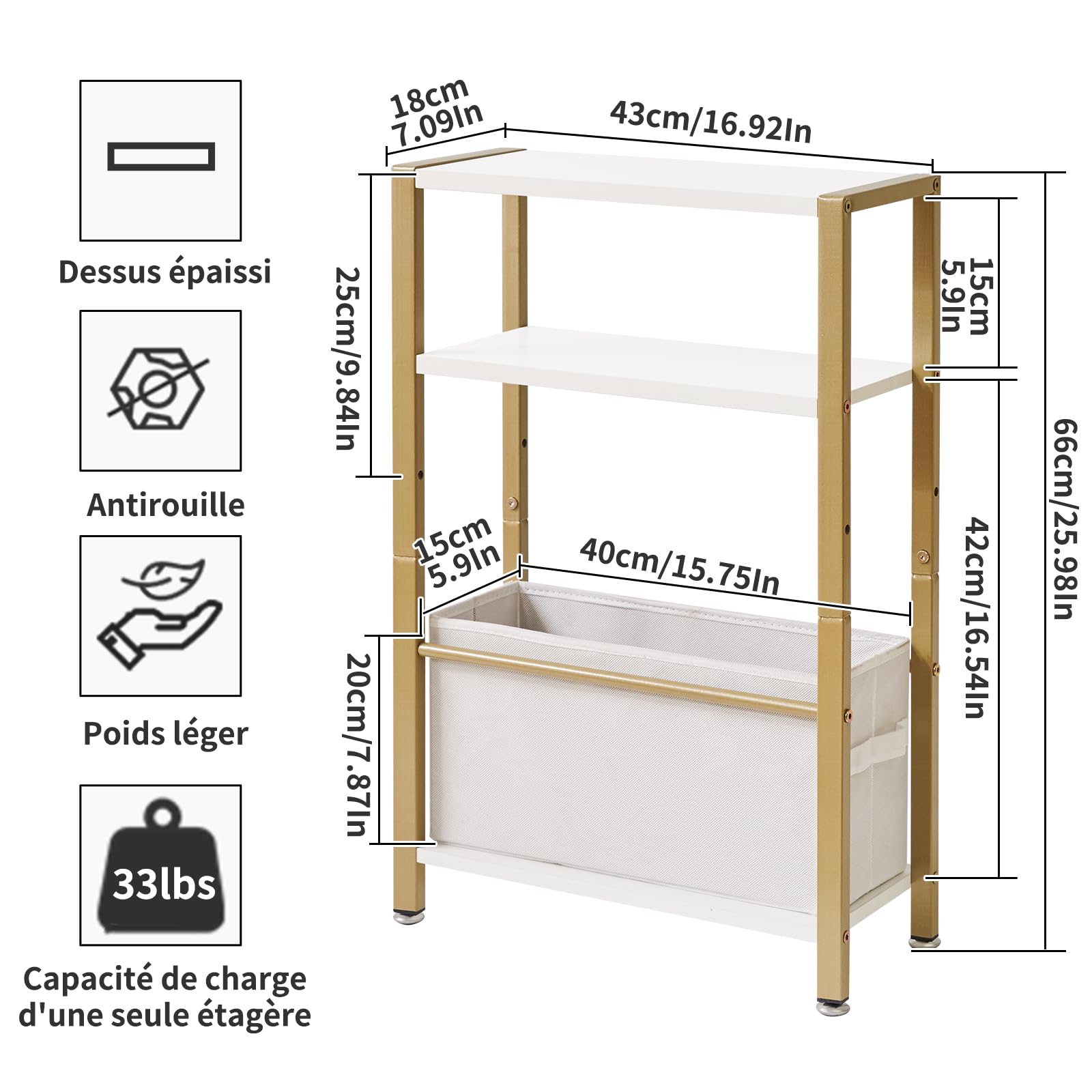 Aibiju Table D'appoint Étroite, Table D'appoint Fine à 3 Niveaux avec Panier en Tissu, Table de Canapé Moderne pour Espaces Étroits et Petits, avec Cadre en Métal Doré, Blanc YD-TM052J