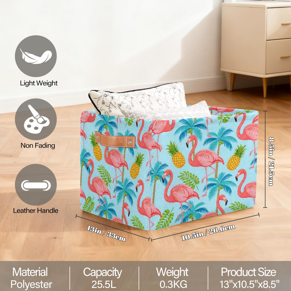 Rechteckiger Aufbewahrungskorb mit tropischem Flamingo, Ananas, Palme, mit Ledergriffen, faltbarer Stoff-Aufbewahrungskorb für Schrank, Badezimmer, Wohnzimmer, Büro, Spielzeug, Organizer