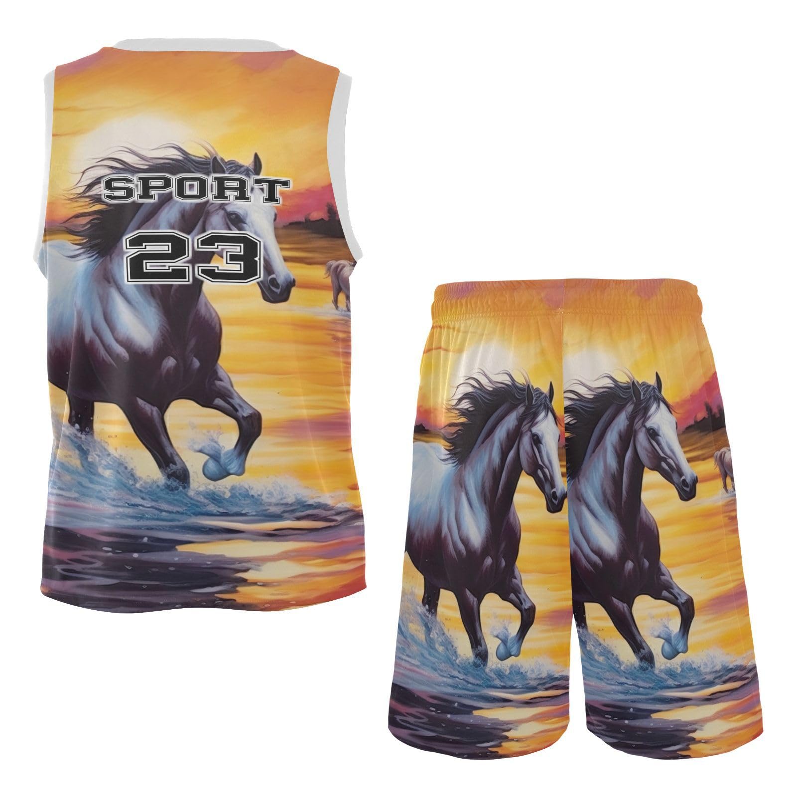 FLildon Sunset River Horses Boys Basketball Jersey Set Tank Top Shorts Tracksuit Sport Training Suit for Kids, S