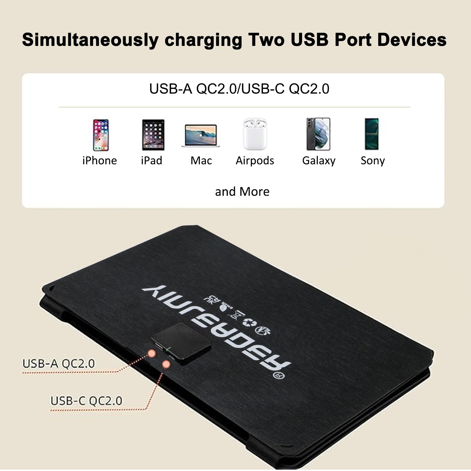 Yinleader Panneau solaire portable 30W étanche IP65 Chargeur solaire pliable avec charge rapide 18W USB-C & USB-A QC3.0, compatible avec smartphone, tablette, station d'alimentation