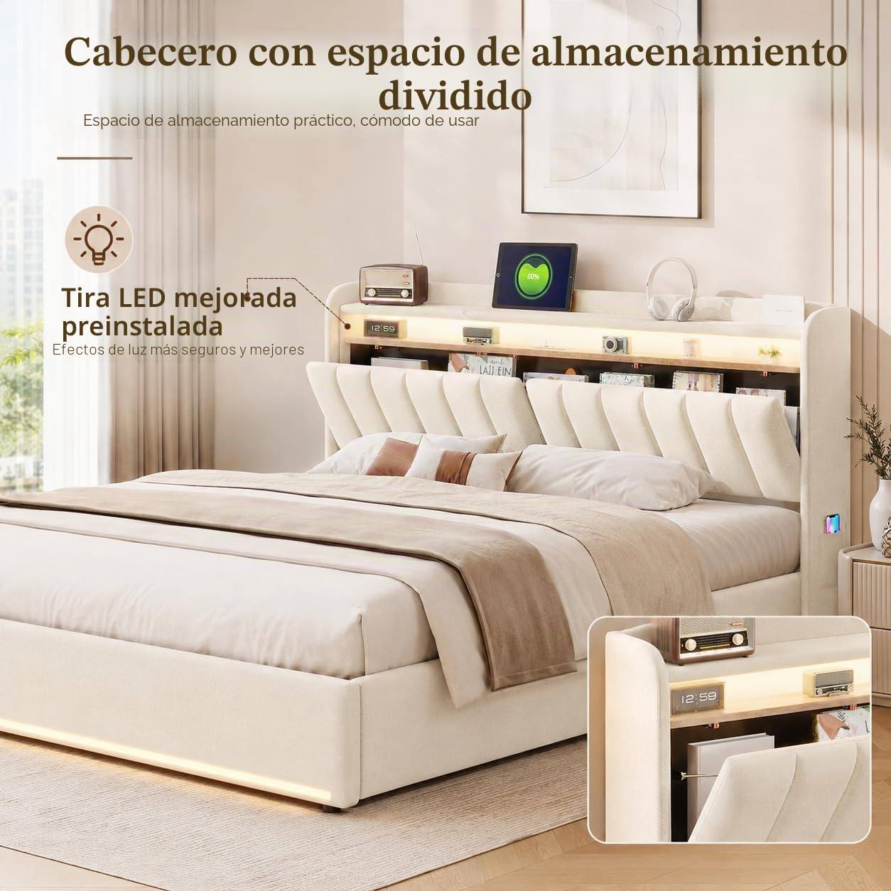 CDQL Cama tapizada de Matrimonio de 140 x 200 cm, con Conexiones USB y Type-C en el cabecero, estantes Abiertos y Compartimento Oculto, iluminación LED integrada, Terciopelo, Beige