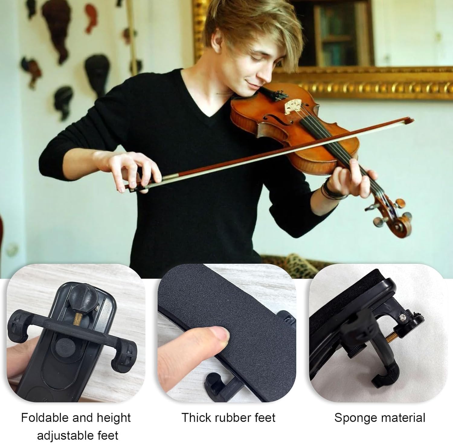 Violin Shoulder Rest for 4/4 and 3/4 Size, Collapsible and Height Adjustable Feet, Universal Type Parts Soft Easy to use, High Strength Sponge