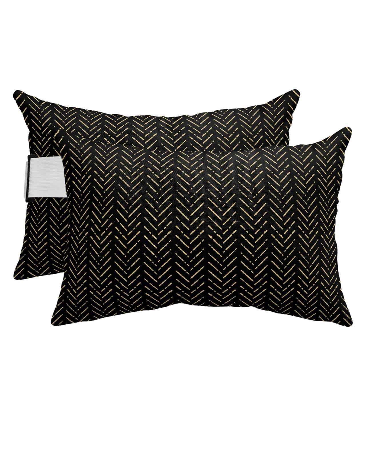 ZOE STORE Outdoor Lumbar Pillowcases Set of 2, 12"x 20" Boho Black Gold Striped Head Pillow with Adjustable Elastic Strap, Modern Retro Geometric
