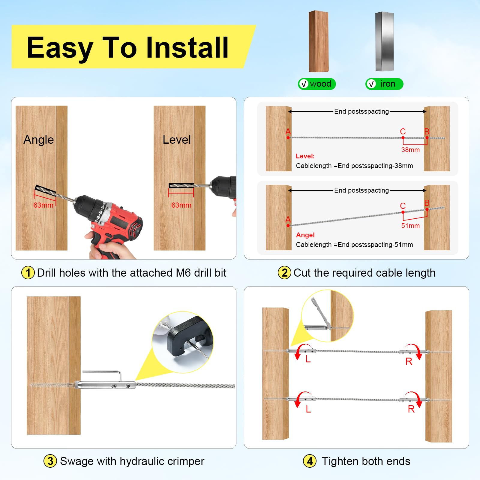 Tensor de alambre para cercas 3 mm Tornillo tensor de acero inoxidable T316 Juego para fijación de cables y barandillas – 10 roscas a derecha y 10 a izquierda (20 unidades)