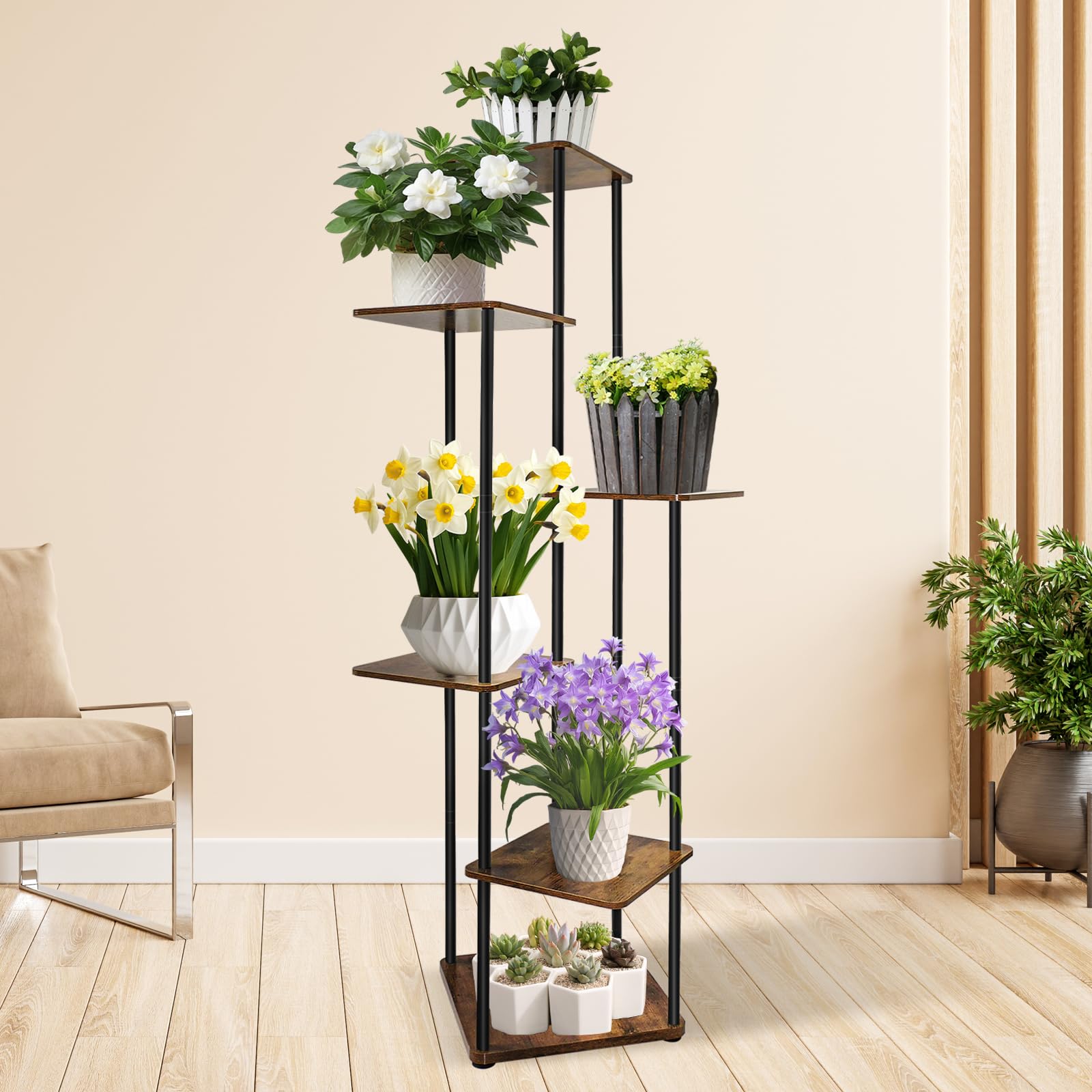 6 Tier Plant Stand Indoor Tall Metal Flower Shelf, Corner Flower Pots Holder for Multiple Plants, Wooden Tiered Plant Shelf Display Rack Flower Shelves for Living Room Bedroom Balcony Garden Patio