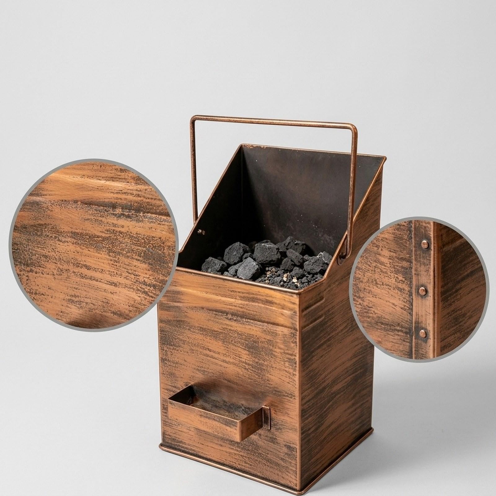 Ascheeimer Ascheeimer mit Deckel Kamin Ascheeimer Aschenträger Eimer Ofenzubehör Aus Eisen mit Schräger Öffnung für Leichtes Schaufeln Und Ausgießen F, Kupfer