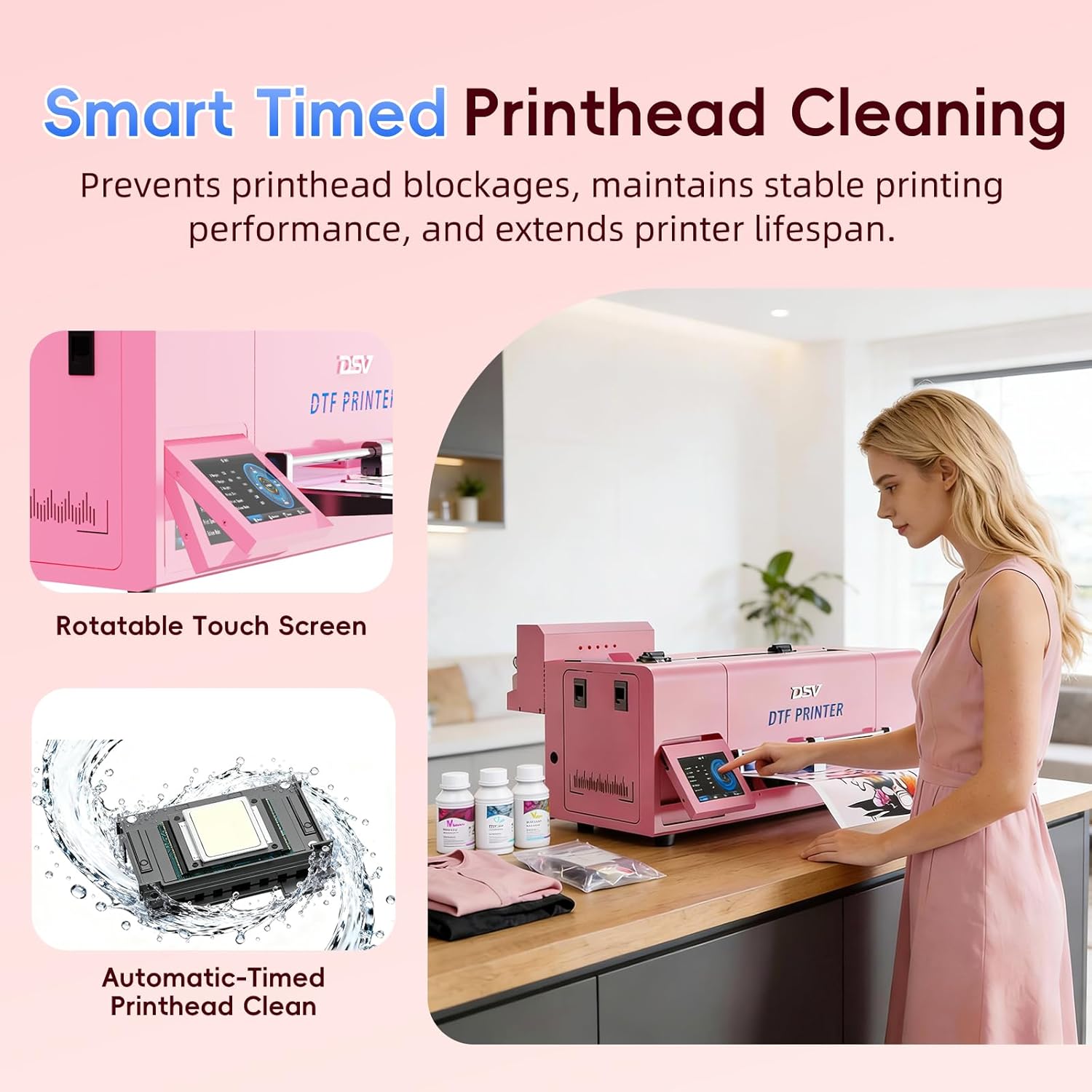 DSV A3 F1080 DTF Printer (XP600 Gen2)-24/7 Auto-Maintenance&Printhead with Moisturizing Fluid, Anti-Clog, 2X Speed vs L1800/R1390,White Ink Circulation,2-Year Ink (Pink, Printer)