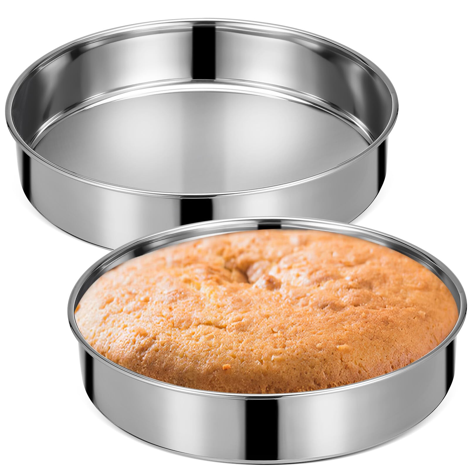 Angoily Juego de 2 Moldes Redondos para Pasteles de Acero Inoxidable 24 CM sin Borde Orejas Bandejas para Hornear y Servir Resistentes a Altas Temperaturas Aptos para Cocina al Vapor