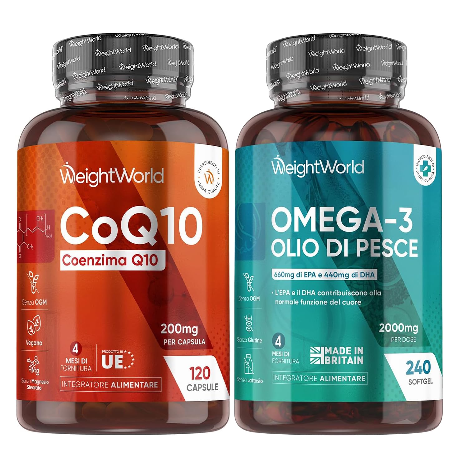 Coenzima Q10 e Omega 3 Olio di Pesce Bundle, 120 Capsule + 240 Softgel, Omega 3 2000mg con 660mg di EPA, 440mg di DHA, Q10 Coenzima come Ubiquinone, 200mg per Dose, Senza Glutine, Lattosio né OGM