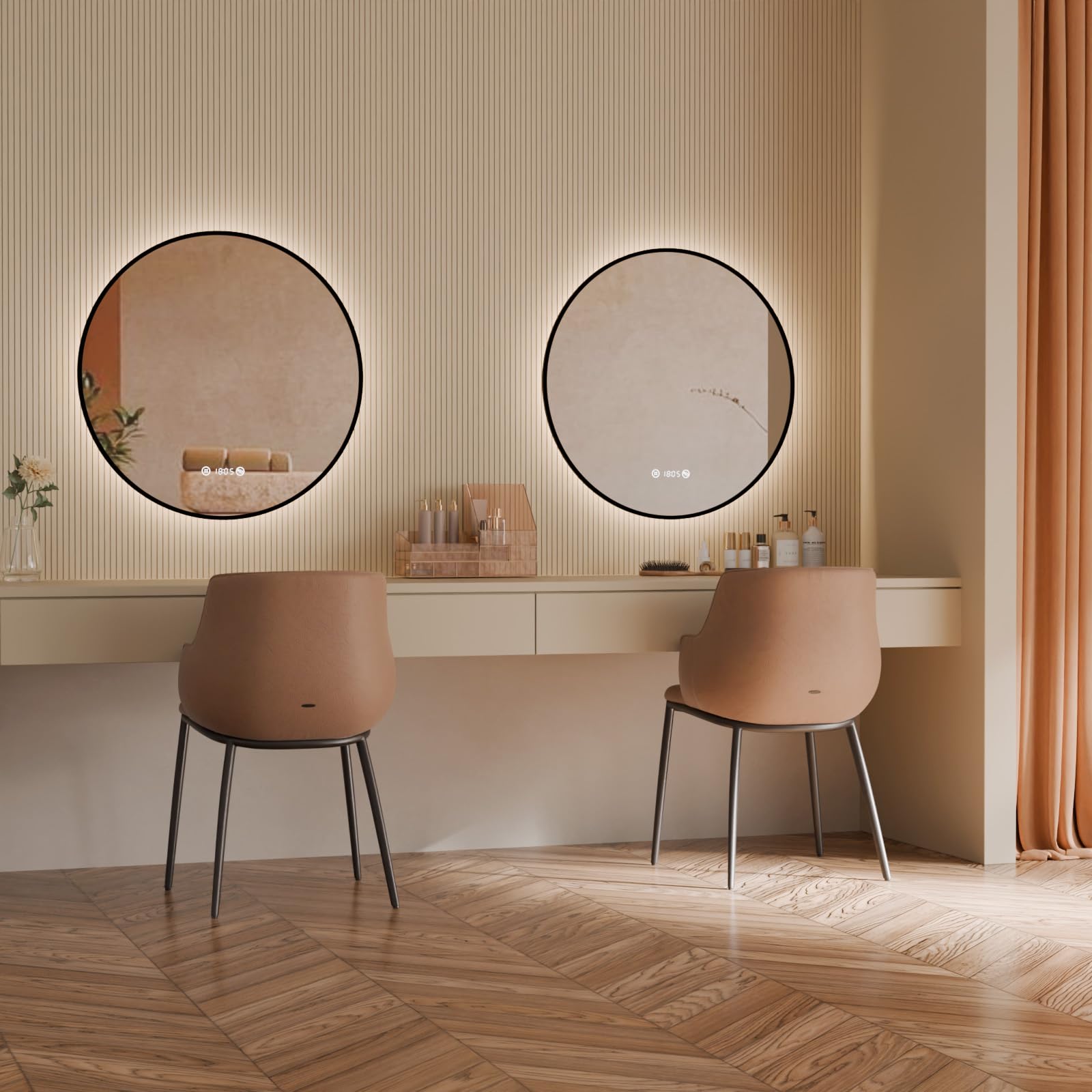 S'AFIELINA Specchio Bagno con Luce rotondo Ø 60 × 3 cm (P), Cornice Nera, Touch, Dimmerabile, Antifog, Orologio, Temperatura, Funzione Memoria, Specchio Bagno Retroilluminato, HD Vetro Temperato