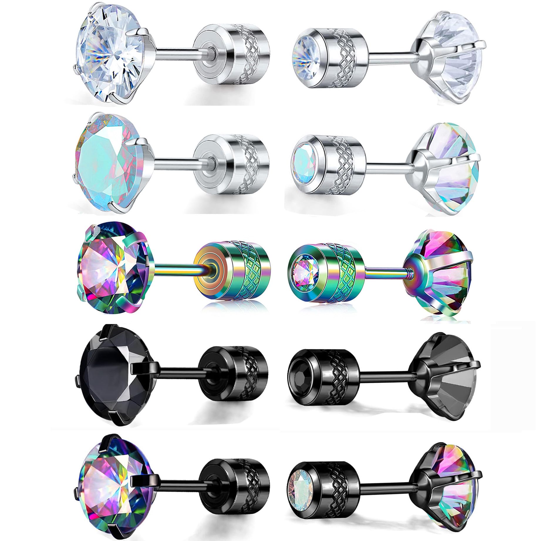 Pack of 5 Cubic Zirconia Screw Back Earrings Hypoallergenic for Sensitive Ears
