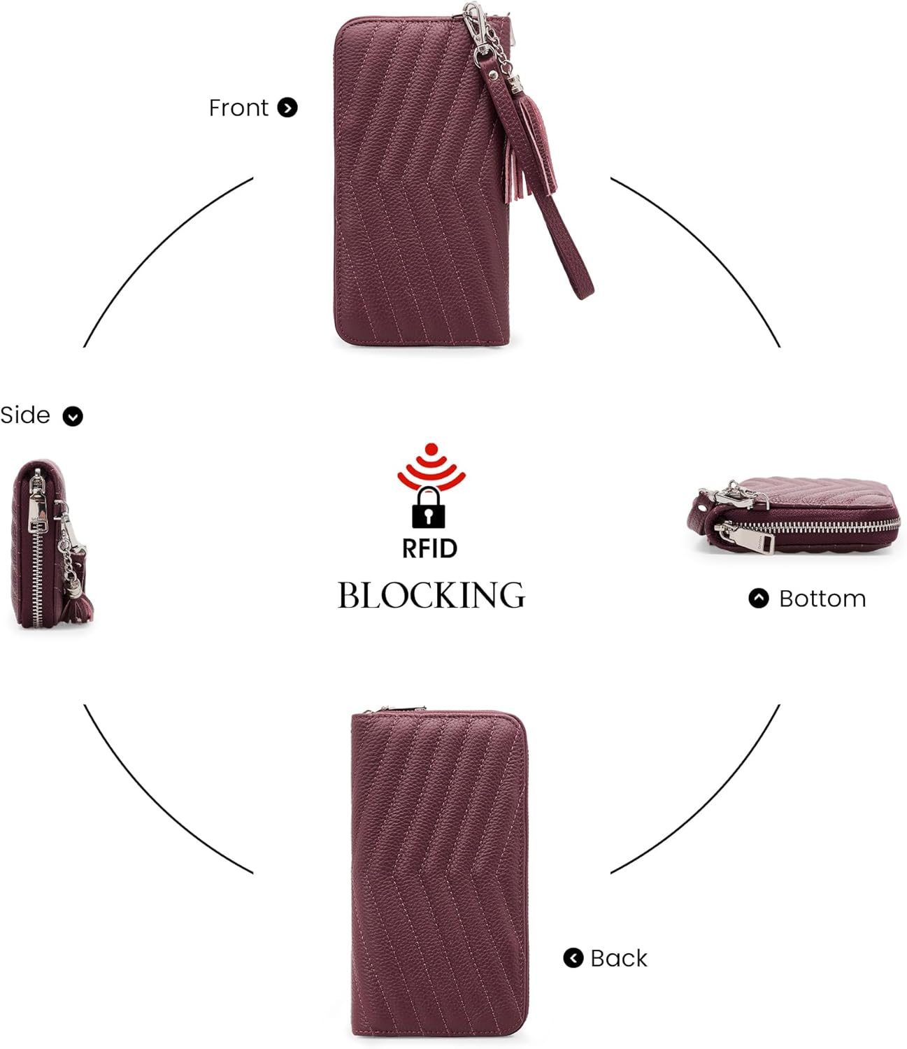 befen Black Wallet for Women Soft Genuine Leather Quilted Wristlet Clutch Wallet RFID Blocking Zip Around Designer Wallet - Image 7